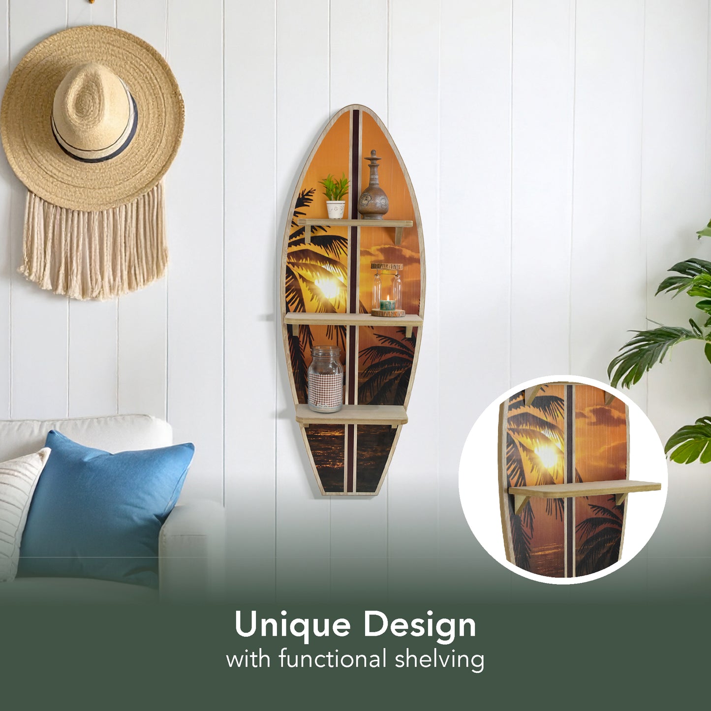 Hawaiian Sunset Surfboard Wall Shelf - Tropical Wall Decor