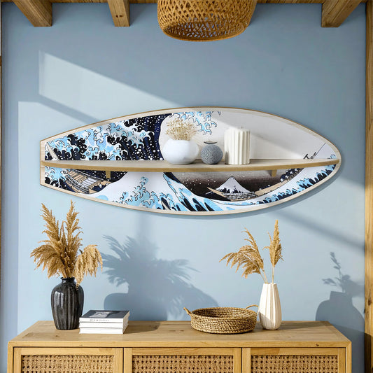 Great Wave Surfboard Wall Shelf - Japanese Coastal Art Decor