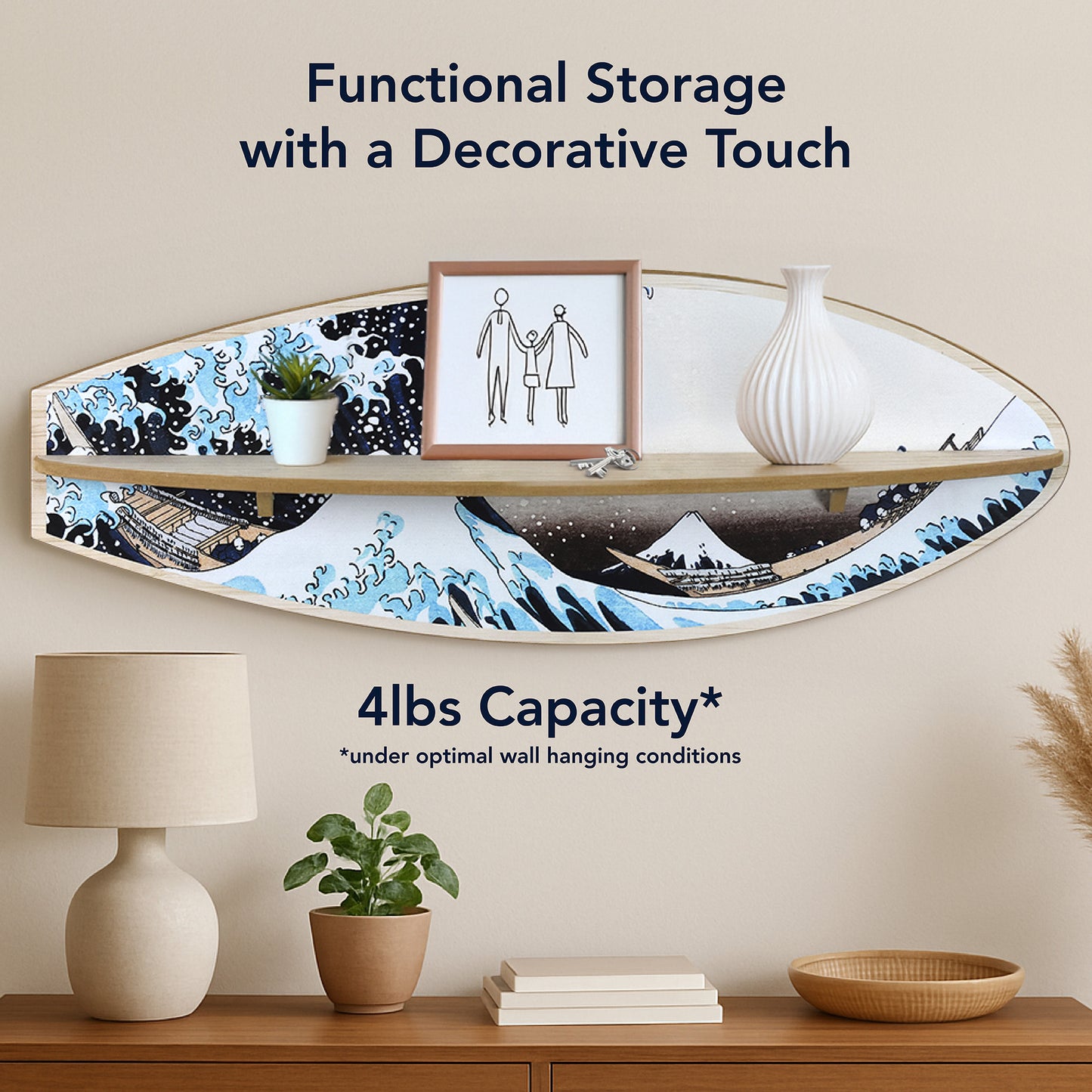 Great Wave Surfboard Wall Shelf - Japanese Coastal Art Decor