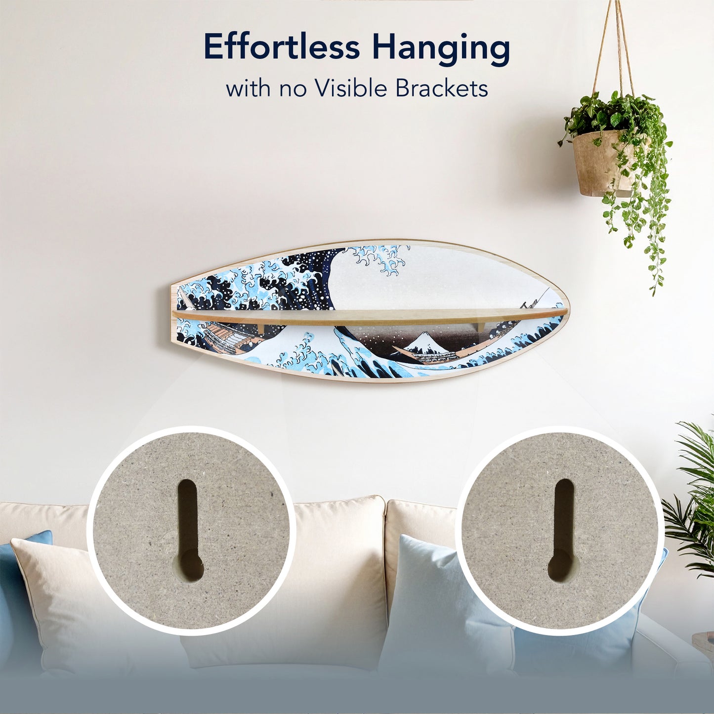Great Wave Surfboard Wall Shelf - Japanese Coastal Art Decor