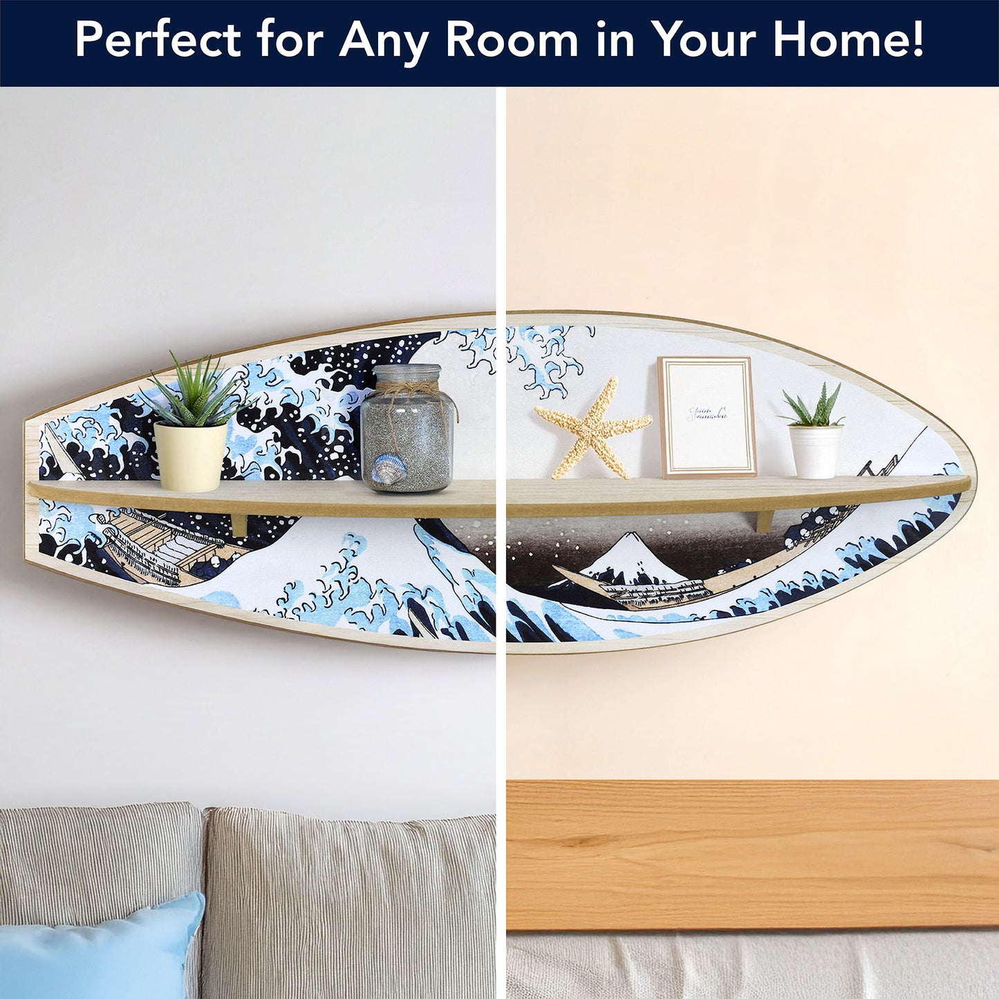 Great Wave Surfboard Wall Shelf - Japanese Coastal Art Decor