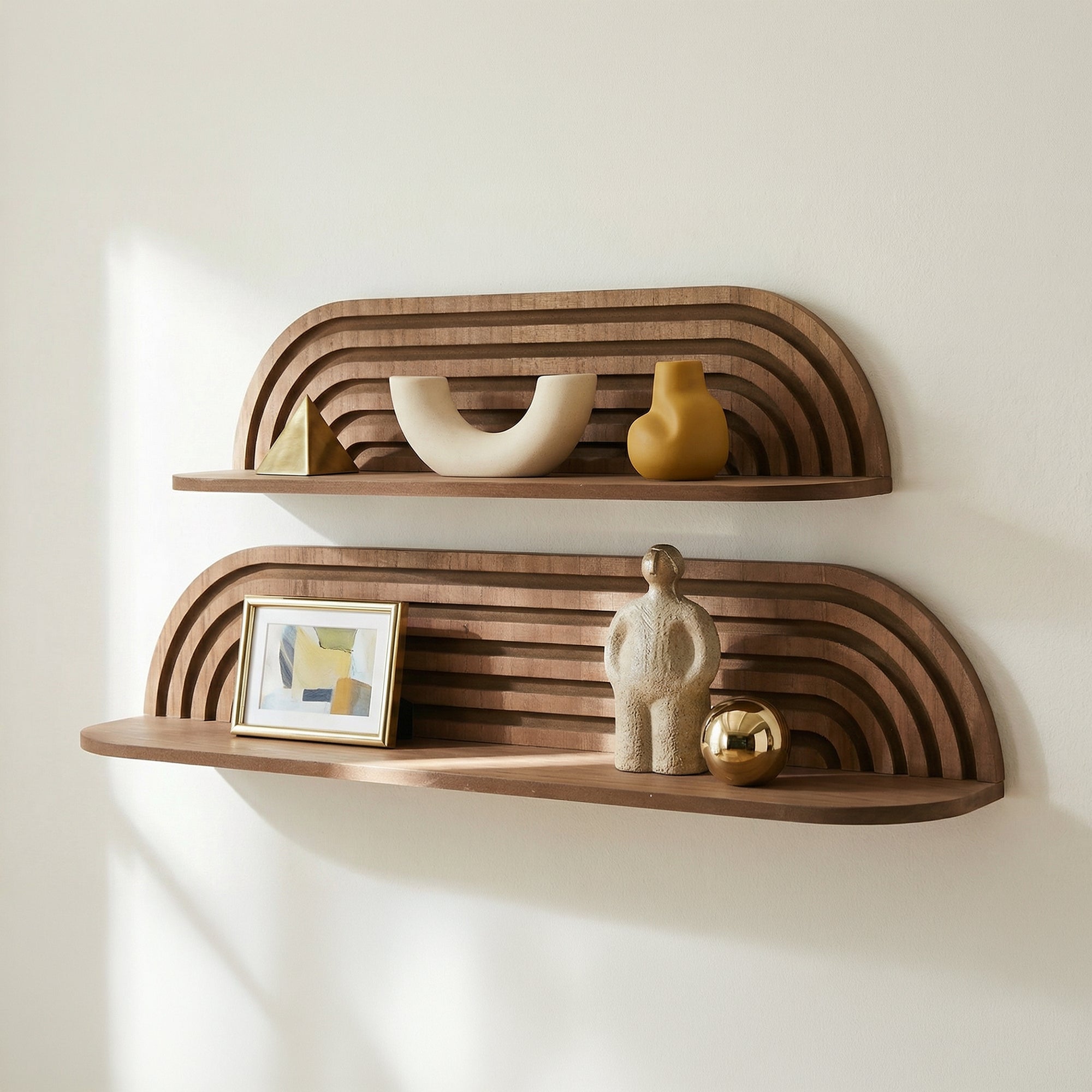 minimalist horizontal carved floating wall shelf set of two in dark walnut finish, decorative wood shelves for living room, bedroom, bathroom, and kitchen wall storage