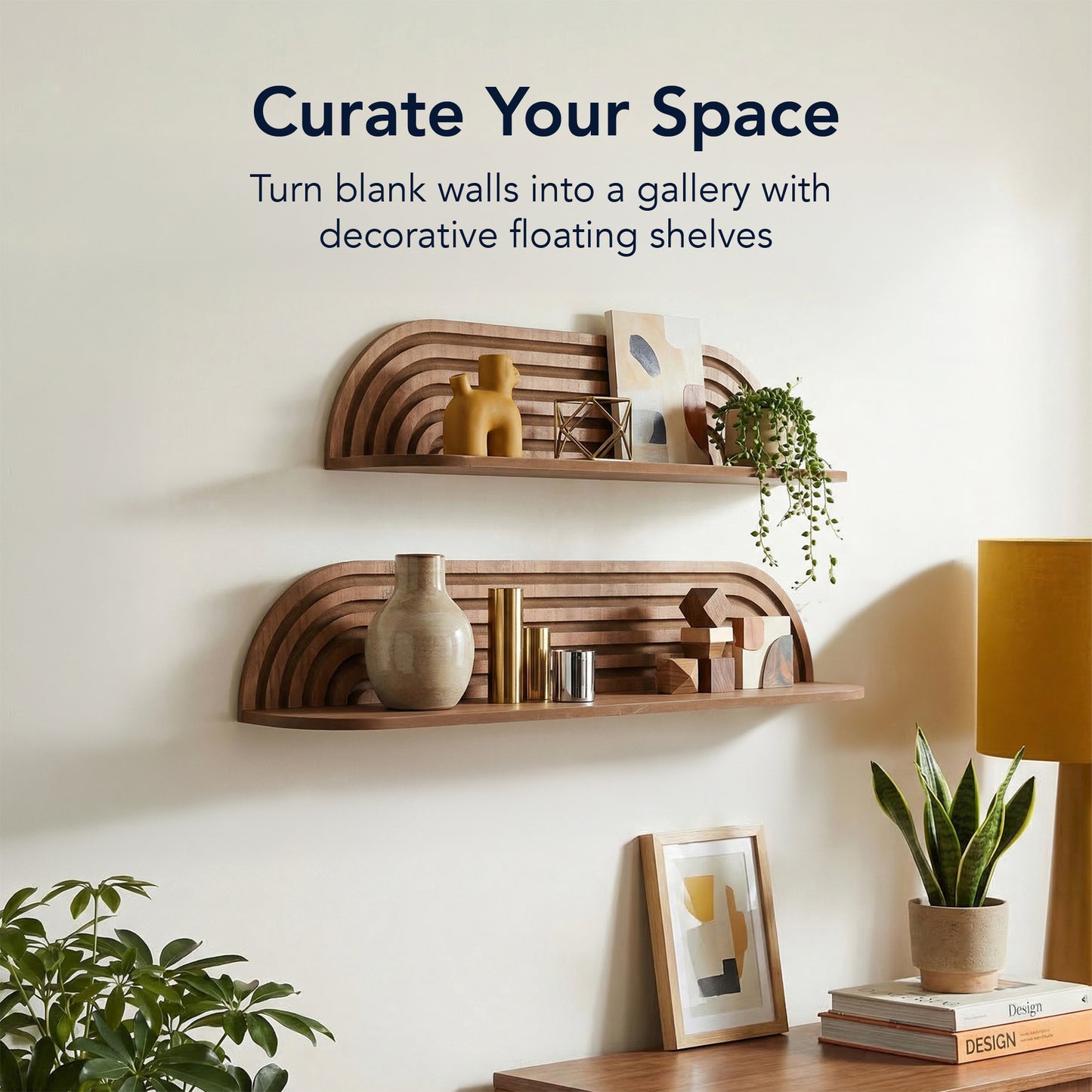 minimalist horizontal carved floating wall shelf set of two in dark walnut finish, decorative wood shelves for living room, bedroom, bathroom, and kitchen wall storage