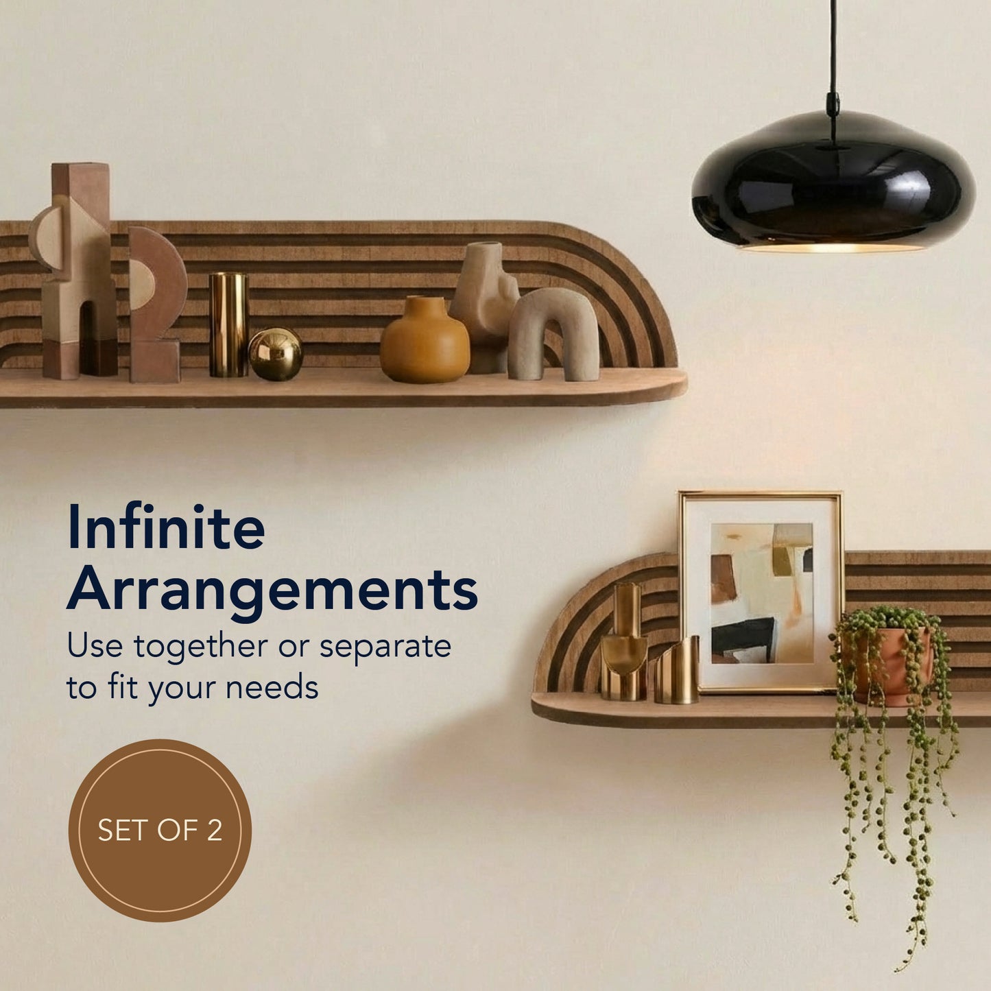 minimalist horizontal carved floating wall shelf set of two in dark walnut finish, decorative wood shelves for living room, bedroom, bathroom, and kitchen wall storage