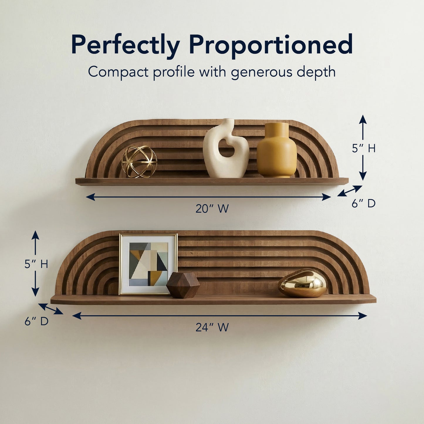 minimalist horizontal carved floating wall shelf set of two in dark walnut finish, decorative wood shelves for living room, bedroom, bathroom, and kitchen wall storage