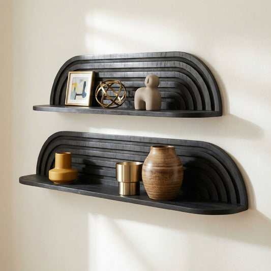 minimalist black horizontal carved floating wall shelf set of two, decorative wood wall shelves for modern living room, bedroom, bathroom, and kitchen storage