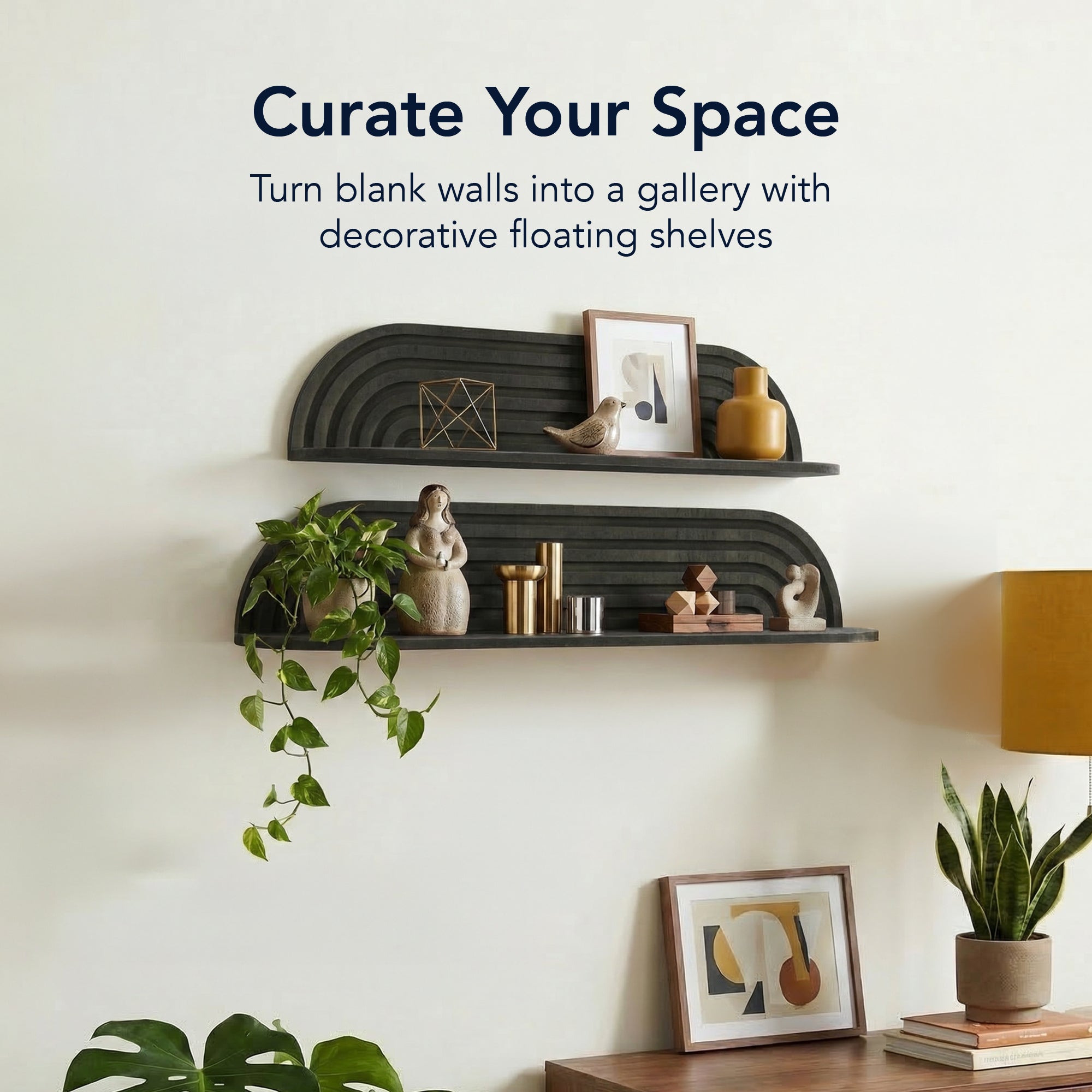 minimalist black horizontal carved floating wall shelf set of two, decorative wood wall shelves for modern living room, bedroom, bathroom, and kitchen storage