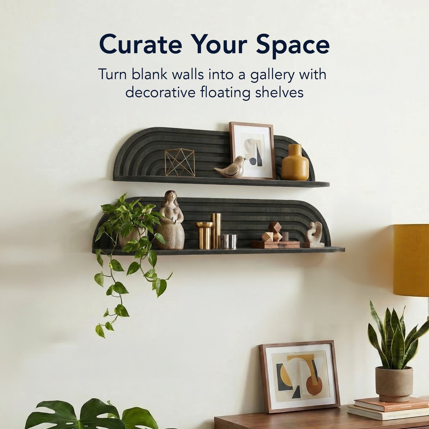 minimalist black horizontal carved floating wall shelf set of two, decorative wood wall shelves for modern living room, bedroom, bathroom, and kitchen storage