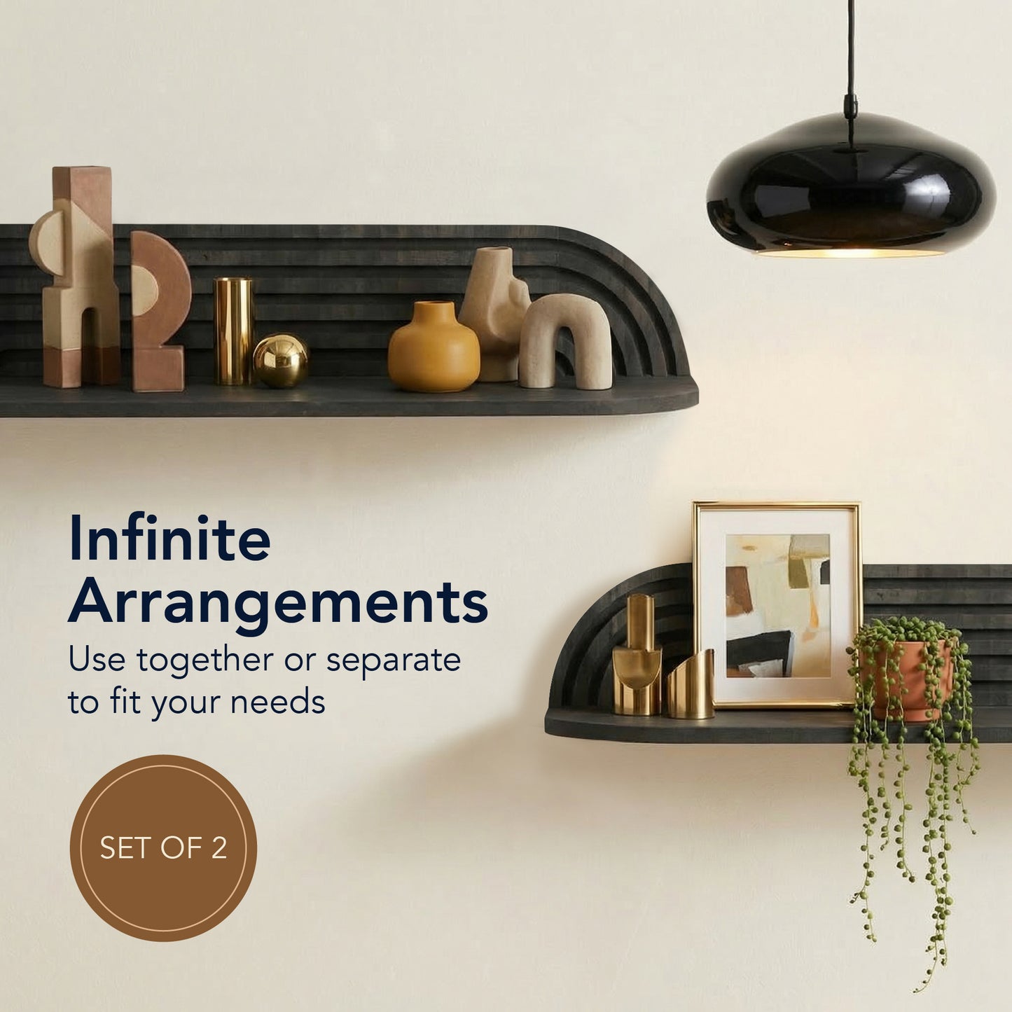 minimalist black horizontal carved floating wall shelf set of two, decorative wood wall shelves for modern living room, bedroom, bathroom, and kitchen storage