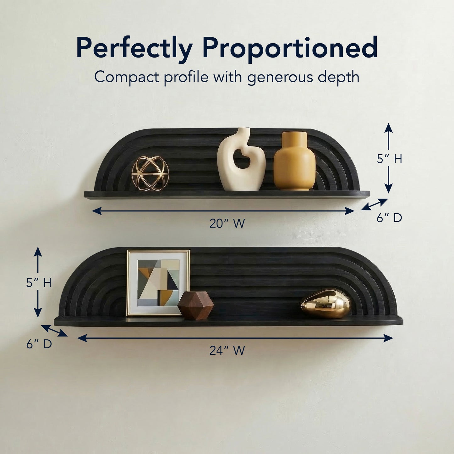 minimalist black horizontal carved floating wall shelf set of two, decorative wood wall shelves for modern living room, bedroom, bathroom, and kitchen storage