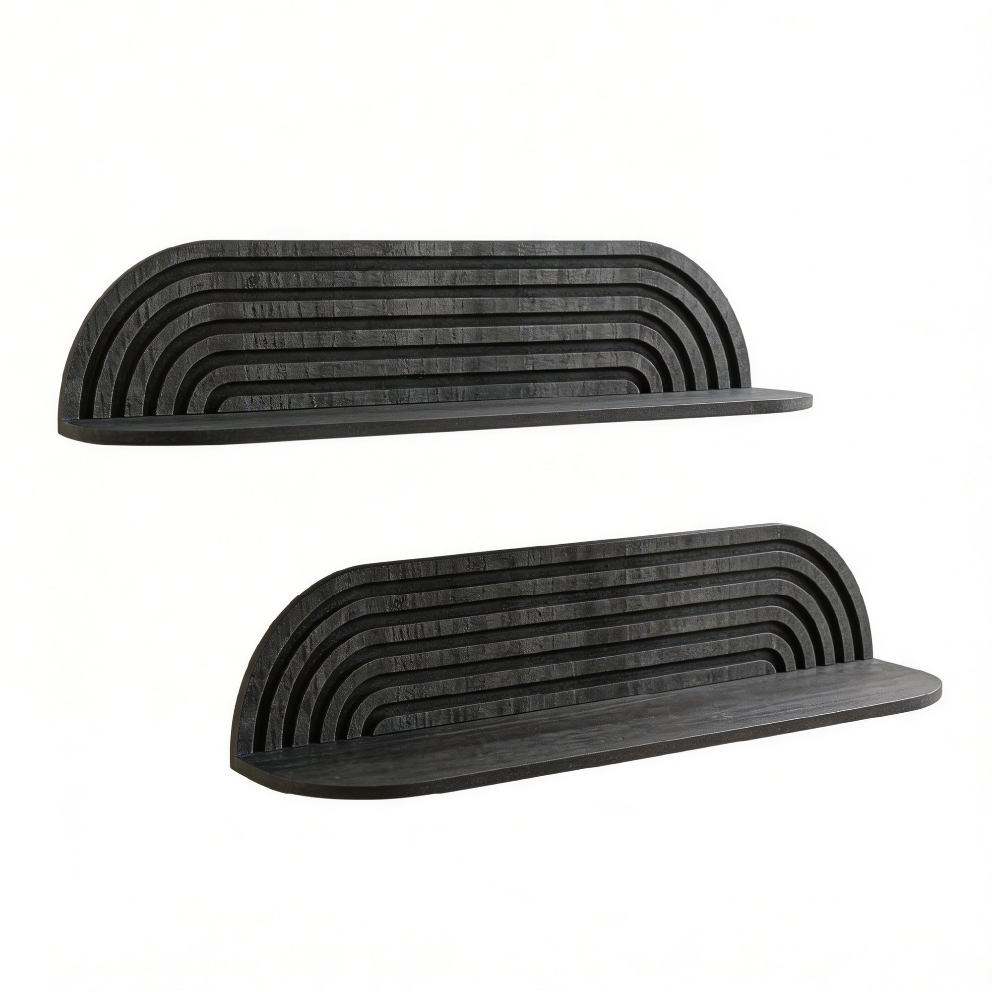 minimalist black horizontal carved floating wall shelf set of two, decorative wood wall shelves for modern living room, bedroom, bathroom, and kitchen storage