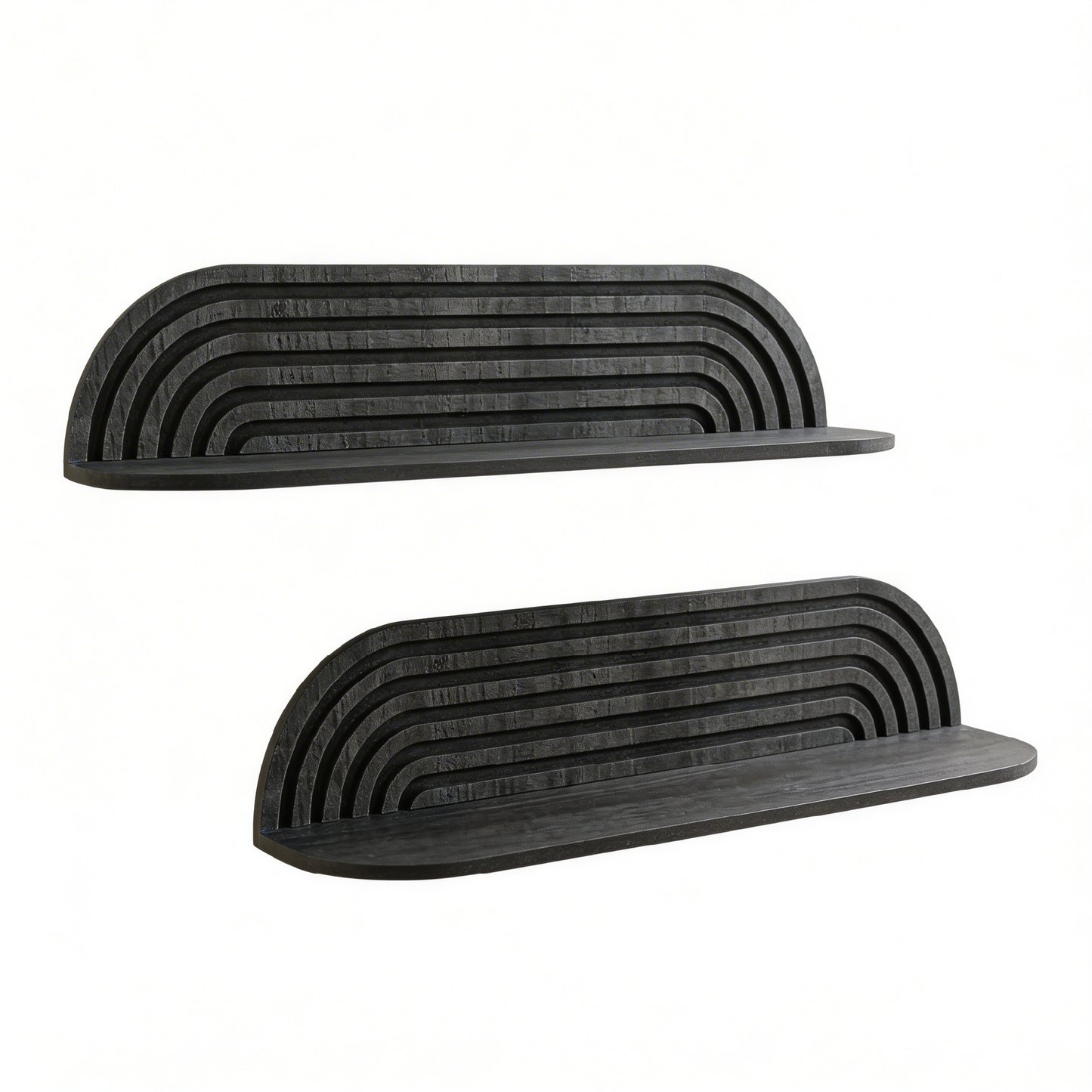 minimalist black horizontal carved floating wall shelf set of two, decorative wood wall shelves for modern living room, bedroom, bathroom, and kitchen storage
