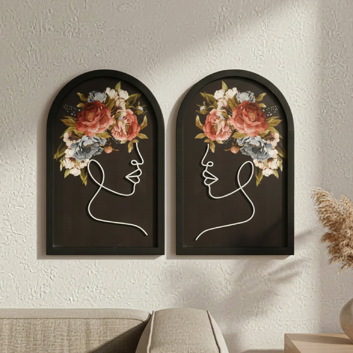 black arched framed metal white wire women with bouquet wall art set of two, natural veneer decorative wall sculpture for modern farmhouse interior