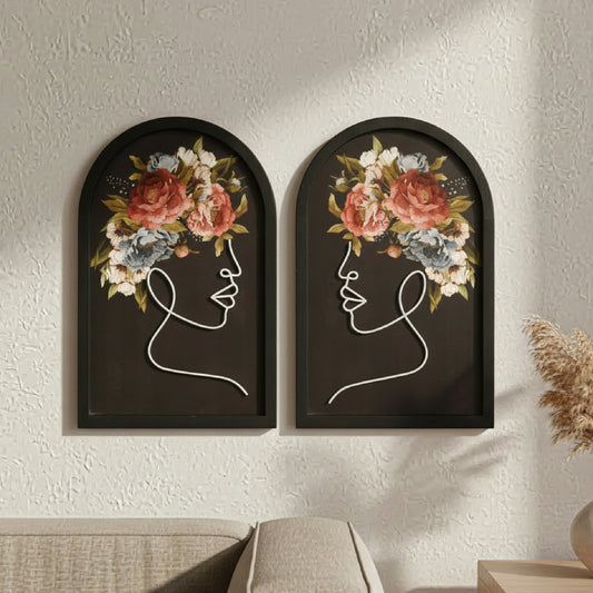 black arched framed metal white wire women with bouquet wall art set of two, natural veneer decorative wall sculpture for modern farmhouse interior