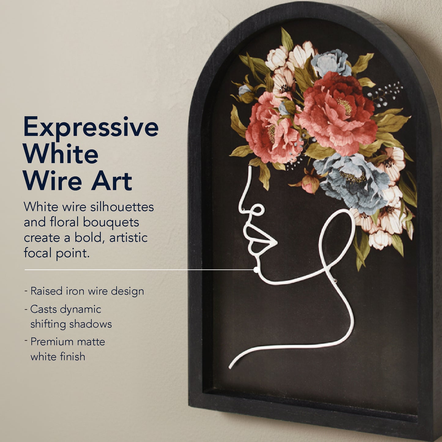 black arched framed metal white wire women with bouquet wall art set of two, natural veneer decorative wall sculpture for modern farmhouse interior