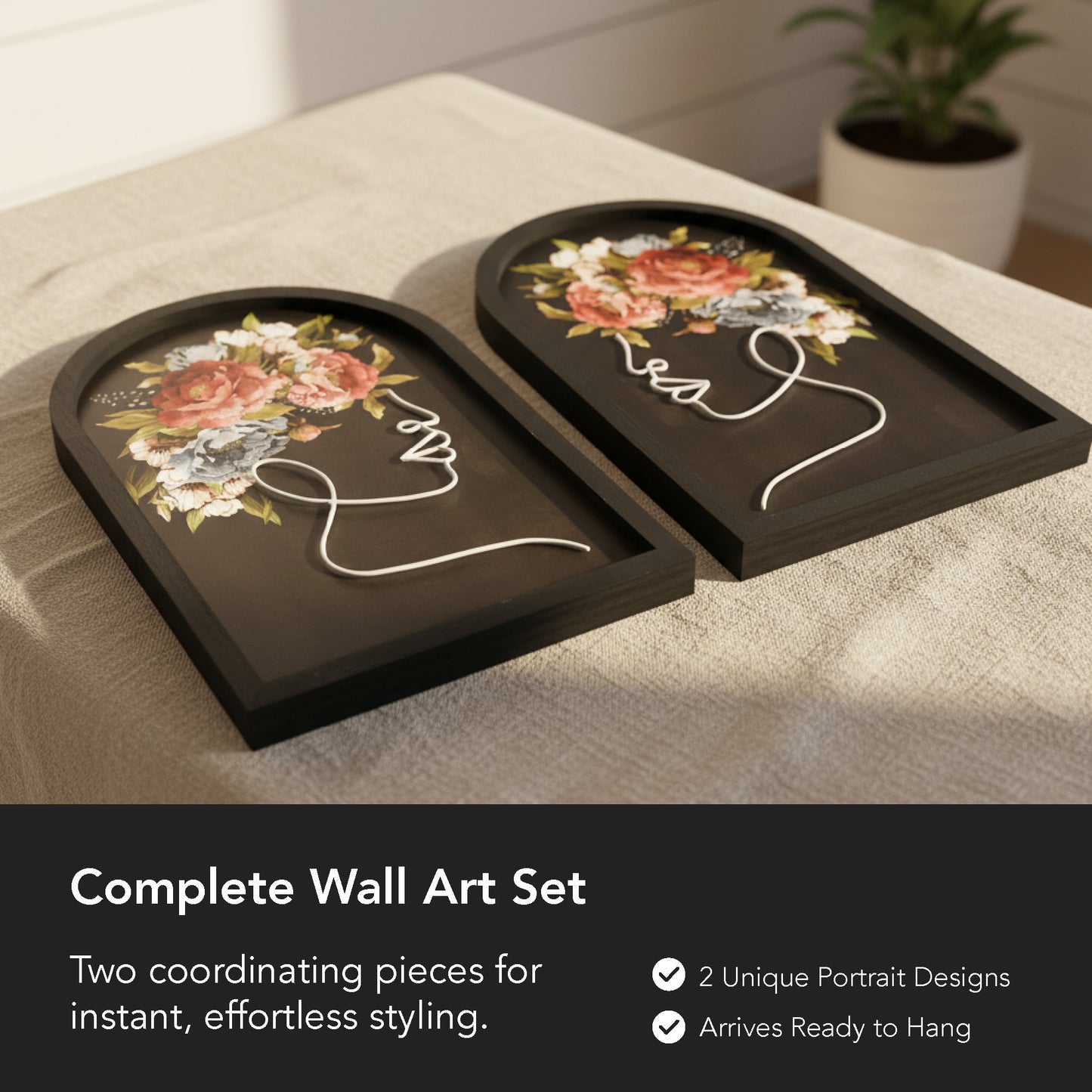 black arched framed metal white wire women with bouquet wall art set of two, natural veneer decorative wall sculpture for modern farmhouse interior