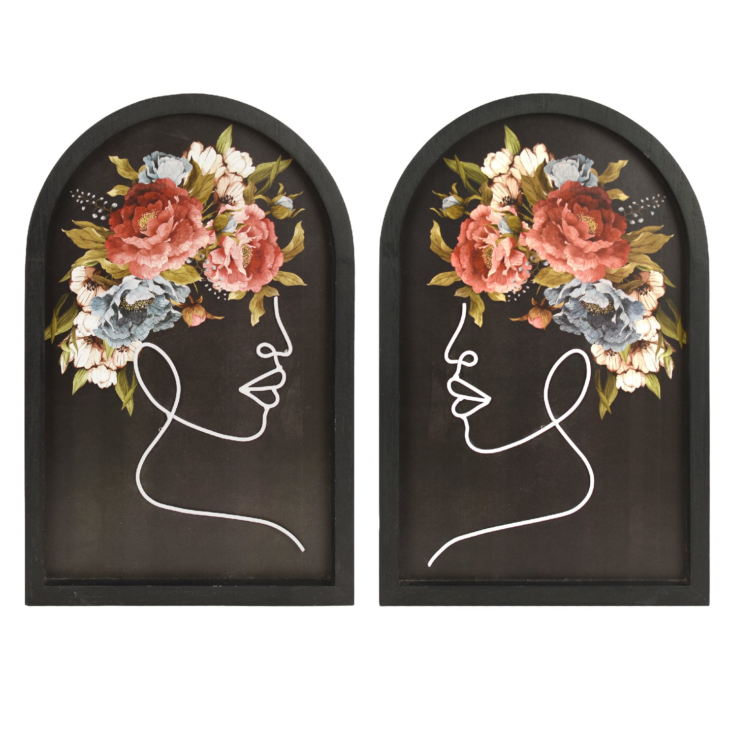 black arched framed metal white wire women with bouquet wall art set of two, natural veneer decorative wall sculpture for modern farmhouse interior