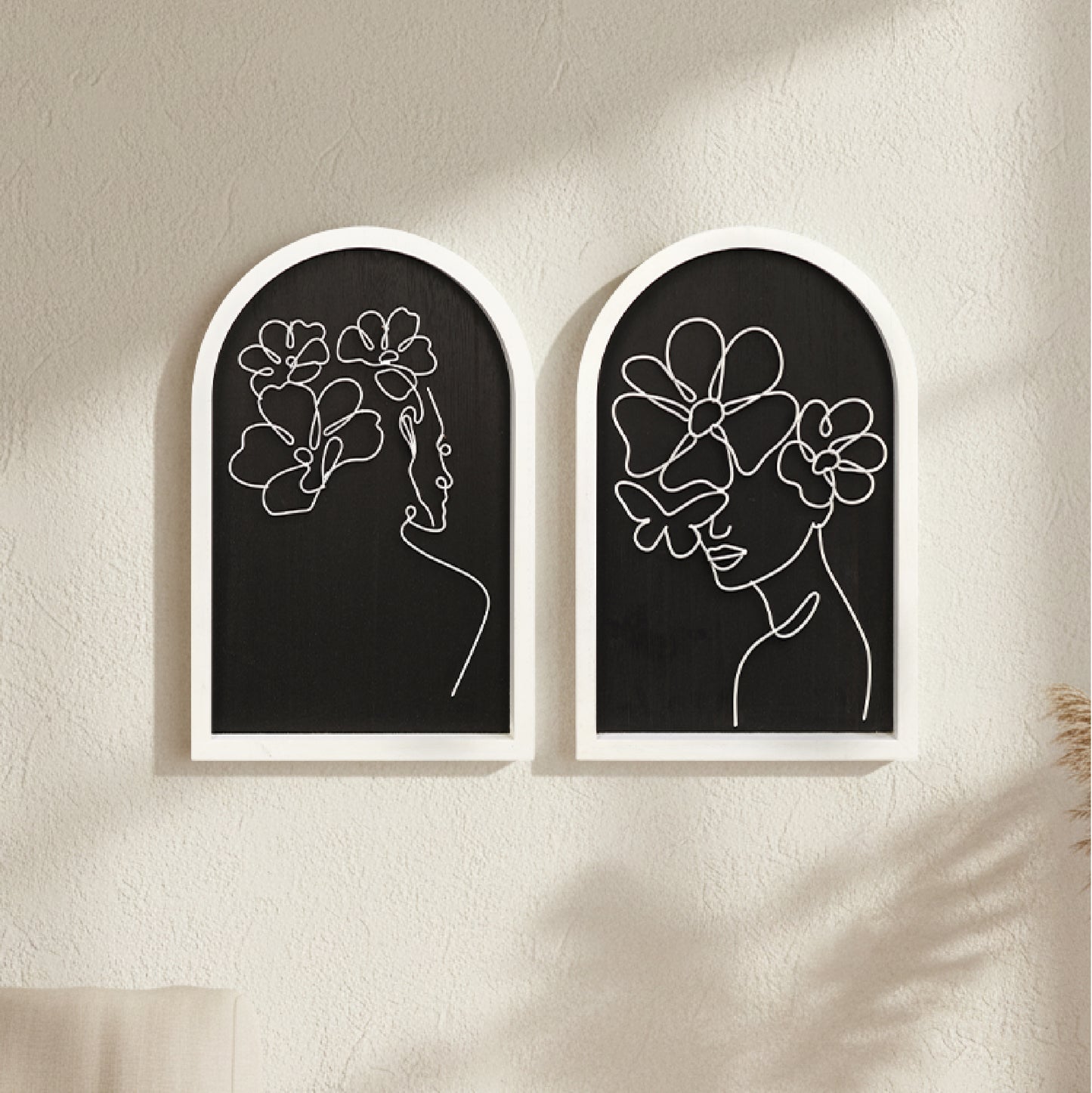white arched framed metal wire women with bouquet wall art set of two with natural veneer background, minimalist line art decorative wall sculpture