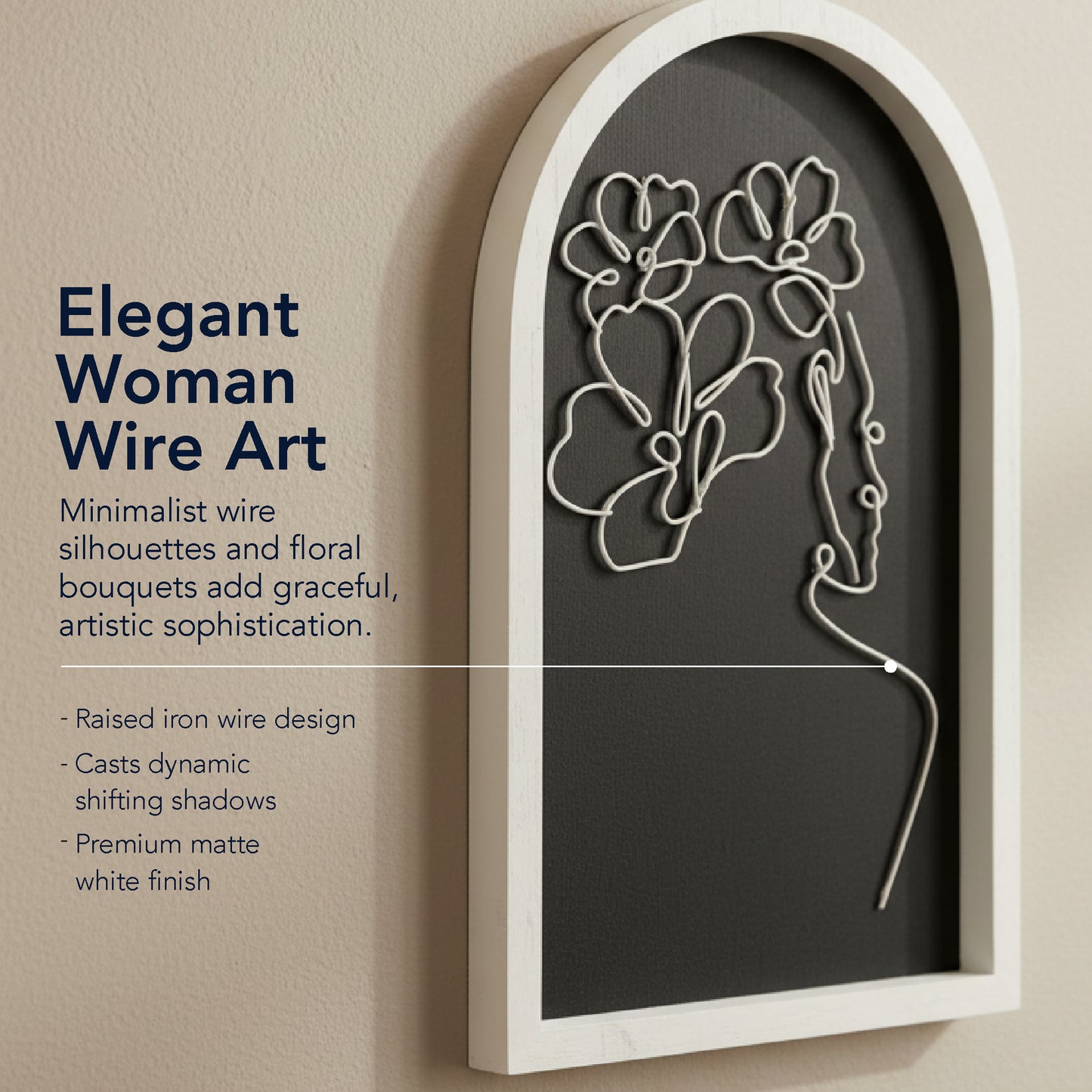 white arched framed metal wire women with bouquet wall art set of two with natural veneer background, minimalist line art decorative wall sculpture