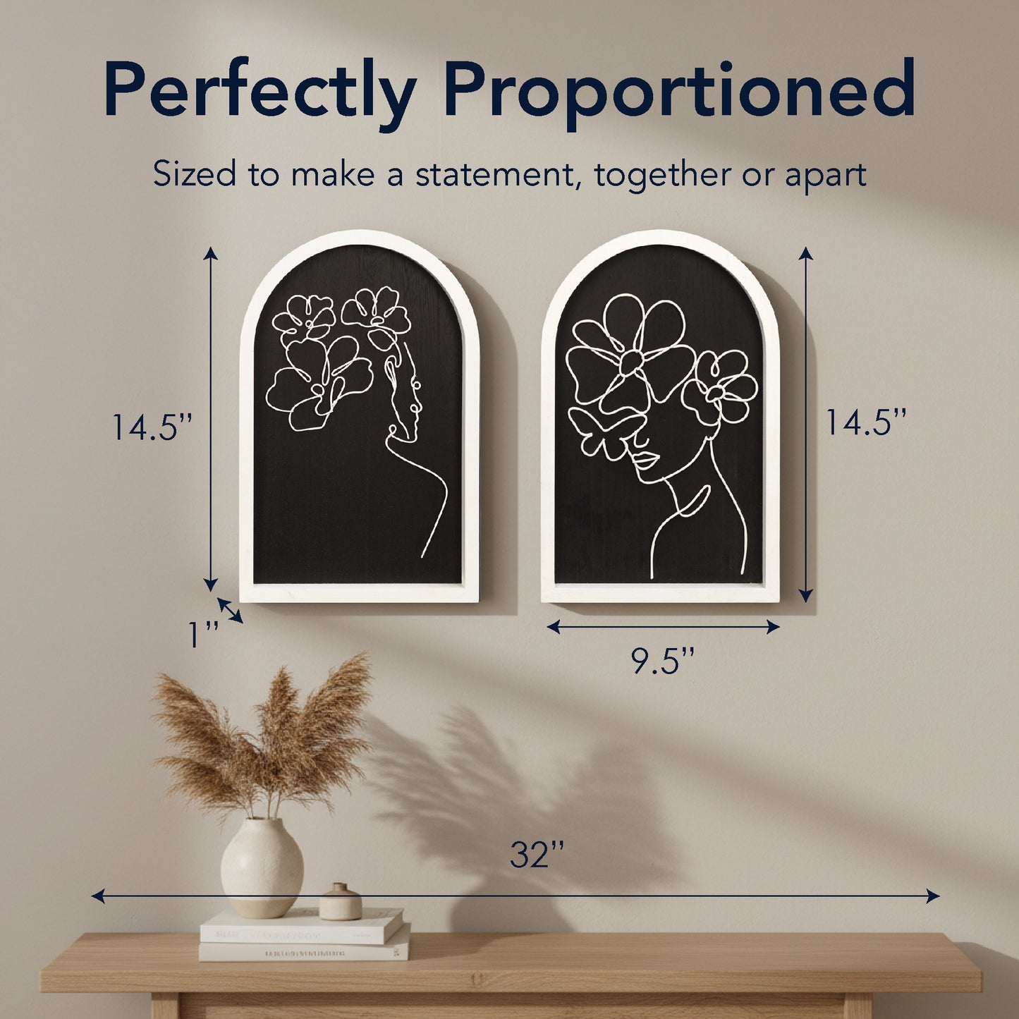 white arched framed metal wire women with bouquet wall art set of two with natural veneer background, minimalist line art decorative wall sculpture