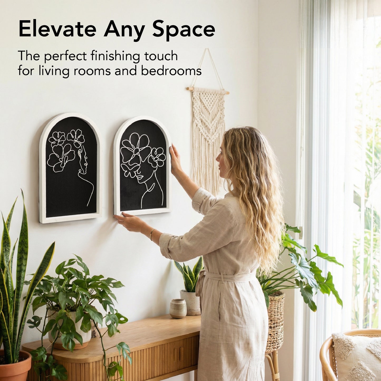 white arched framed metal wire women with bouquet wall art set of two with natural veneer background, minimalist line art decorative wall sculpture