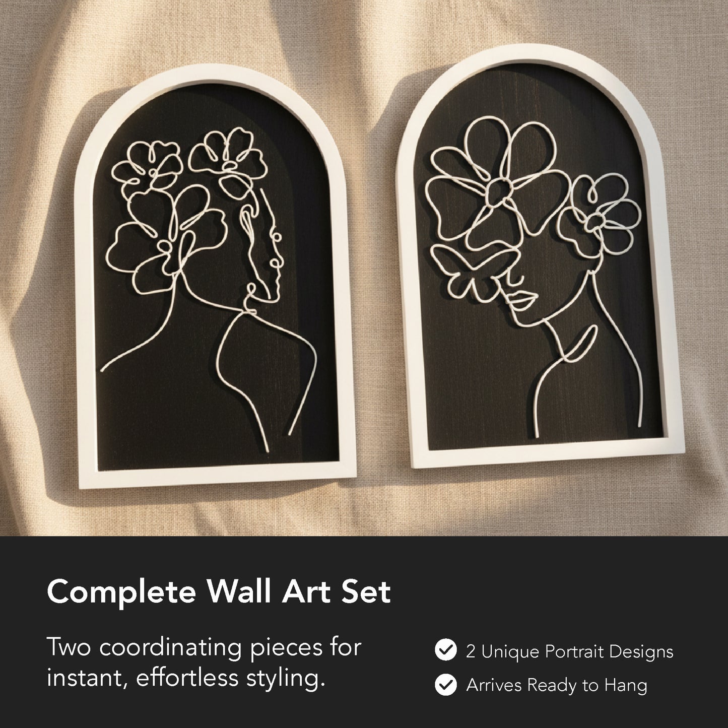 white arched framed metal wire women with bouquet wall art set of two with natural veneer background, minimalist line art decorative wall sculpture