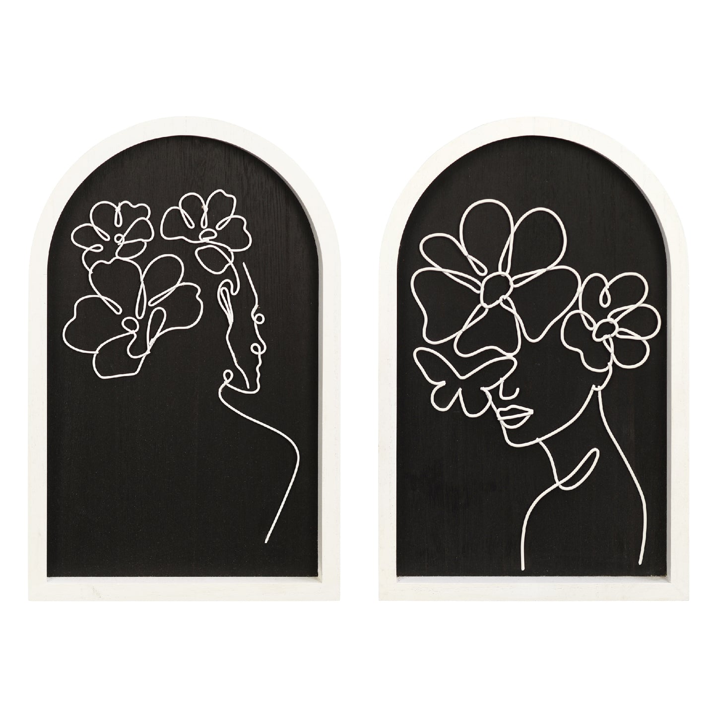 white arched framed metal wire women with bouquet wall art set of two with natural veneer background, minimalist line art decorative wall sculpture