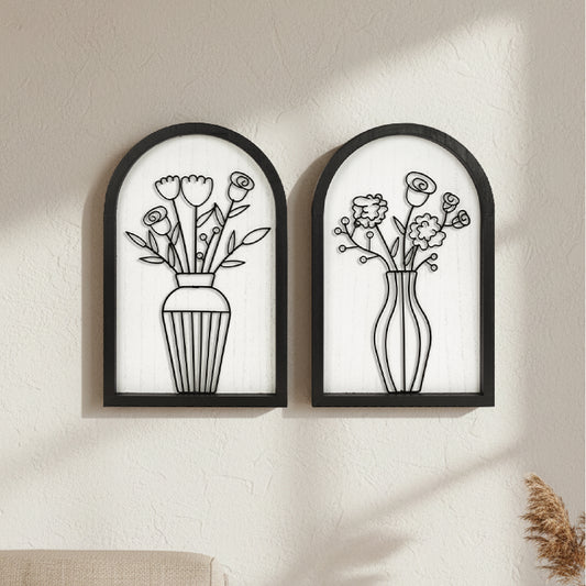 black arched framed metal wire floral bouquet wall art set of two with natural wood veneer backing, modern decorative wall sculpture for home decor