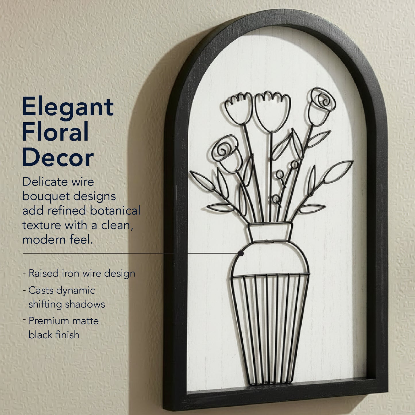 black arched framed metal wire floral bouquet wall art set of two with natural wood veneer backing, modern decorative wall sculpture for home decor