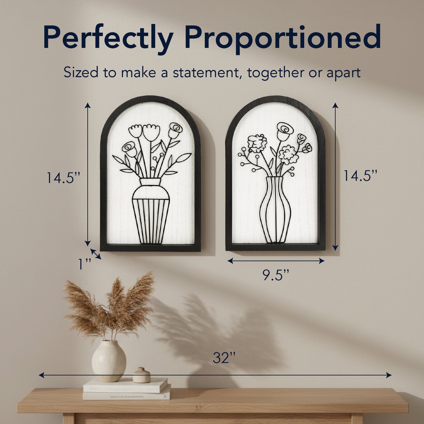 black arched framed metal wire floral bouquet wall art set of two with natural wood veneer backing, modern decorative wall sculpture for home decor