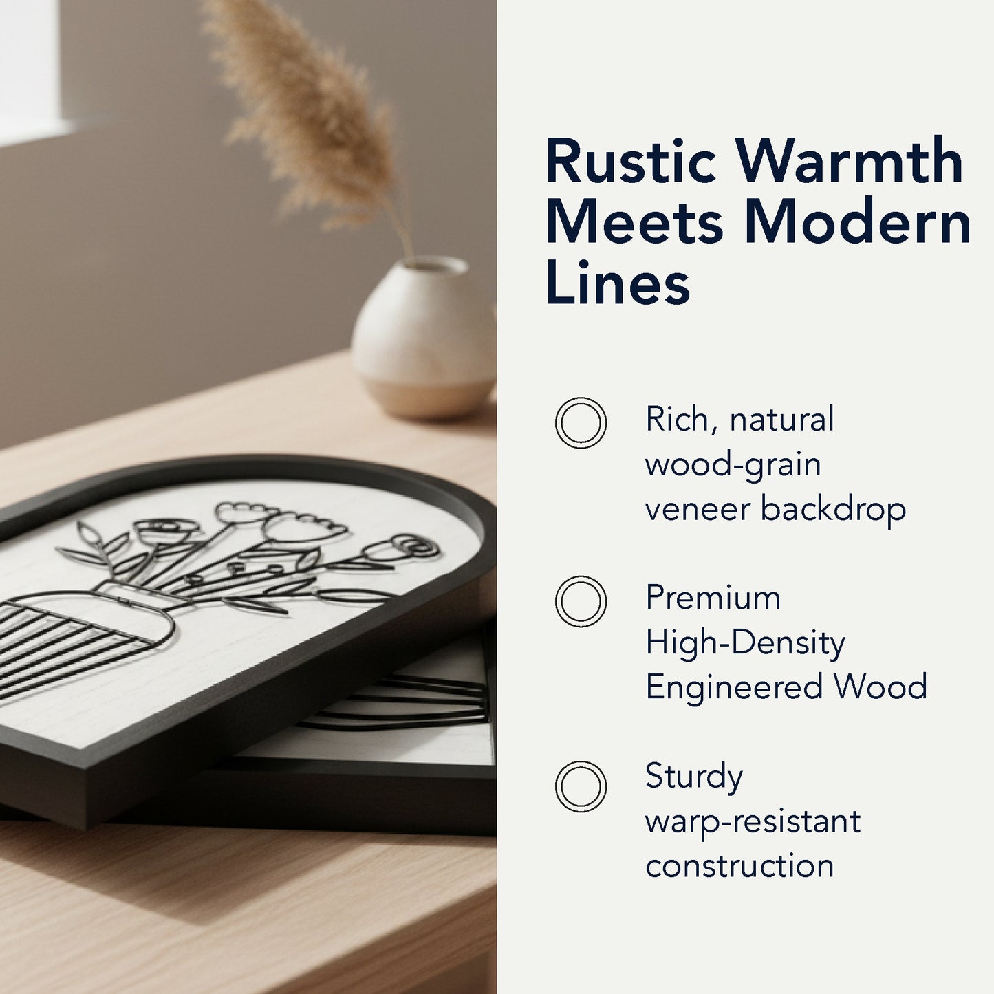 black arched framed metal wire floral bouquet wall art set of two with natural wood veneer backing, modern decorative wall sculpture for home decor