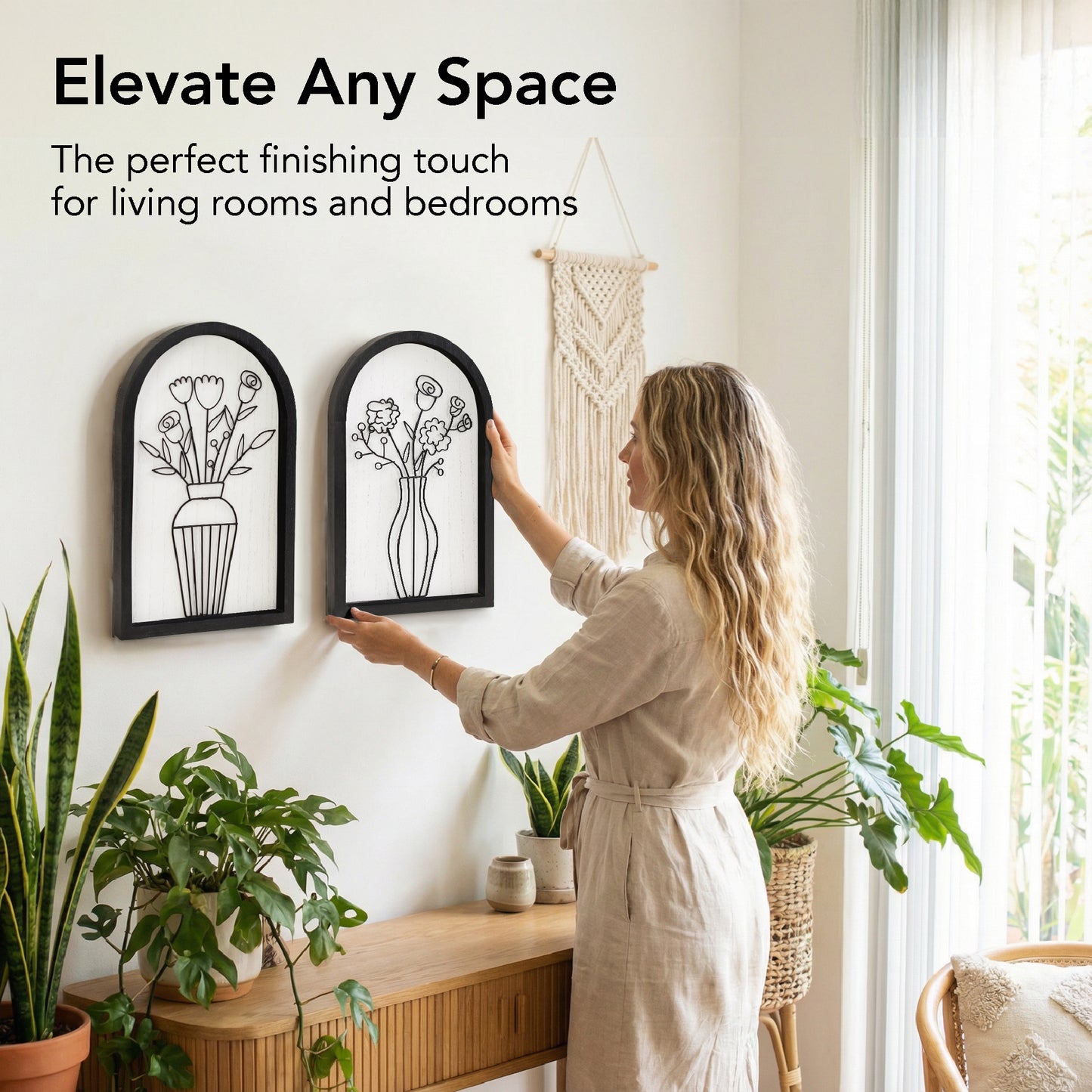 black arched framed metal wire floral bouquet wall art set of two with natural wood veneer backing, modern decorative wall sculpture for home decor