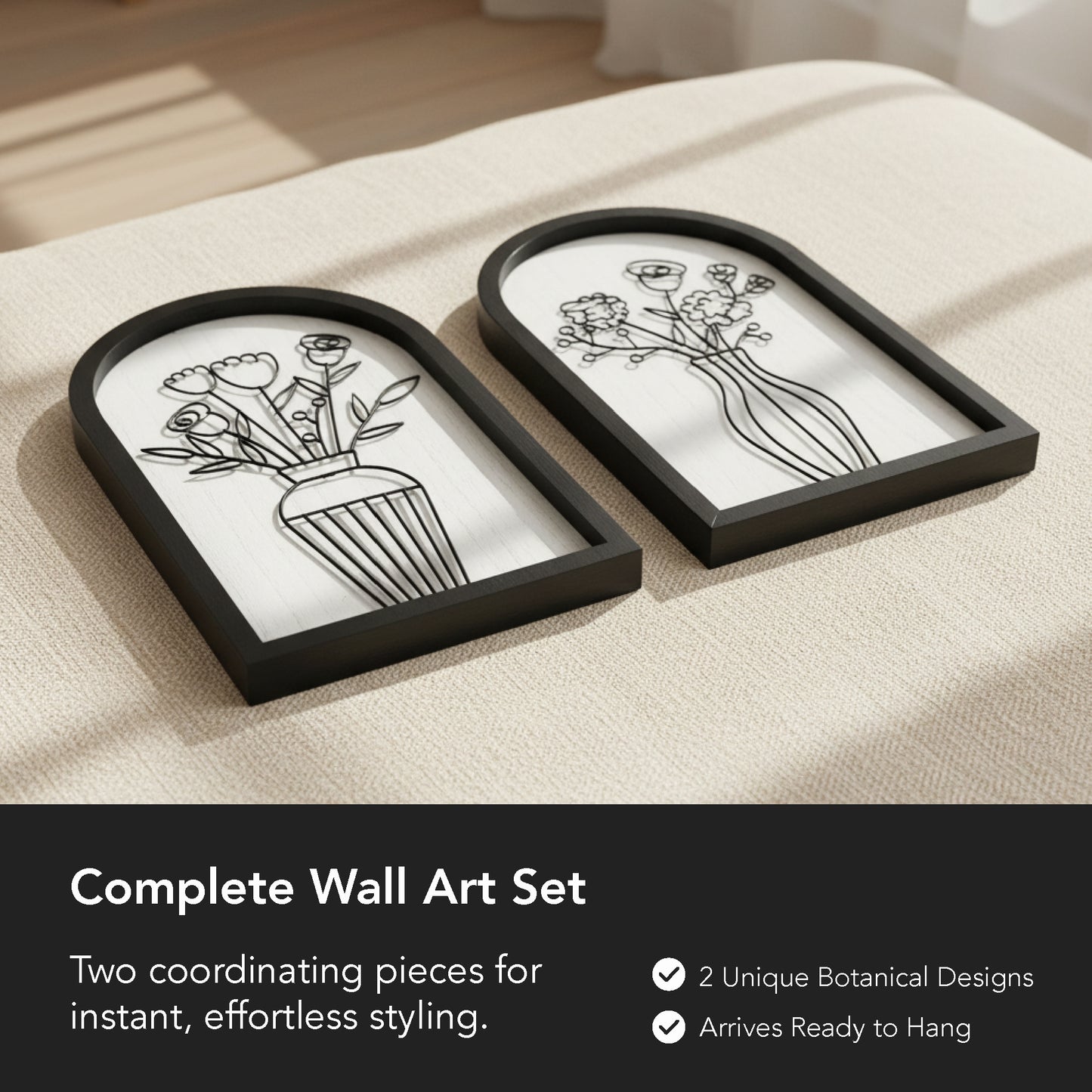 black arched framed metal wire floral bouquet wall art set of two with natural wood veneer backing, modern decorative wall sculpture for home decor