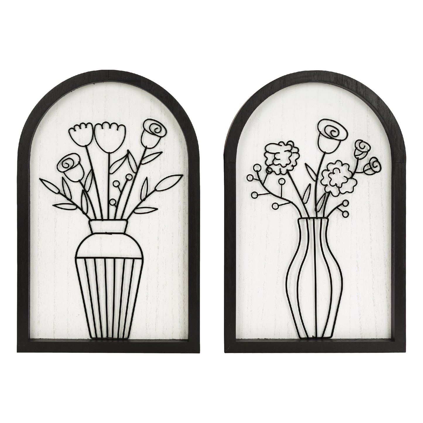 black arched framed metal wire floral bouquet wall art set of two with natural wood veneer backing, modern decorative wall sculpture for home decor