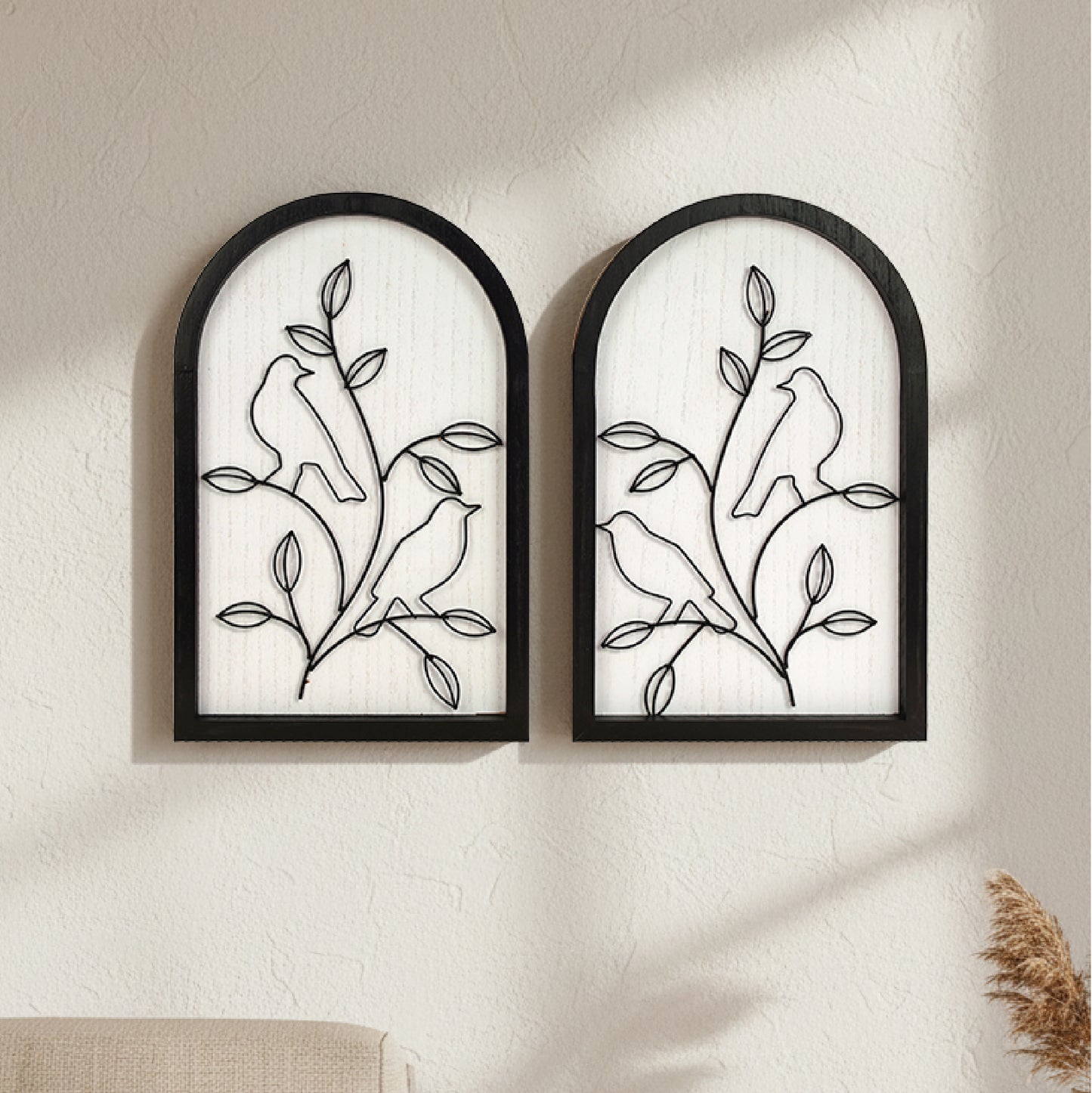 black arched framed metal wire birds and branches wall art set of two with natural wood veneer background, decorative wall sculpture for farmhouse or modern home