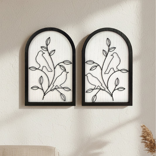 black arched framed metal wire birds and branches wall art set of two with natural wood veneer background, decorative wall sculpture for farmhouse or modern home