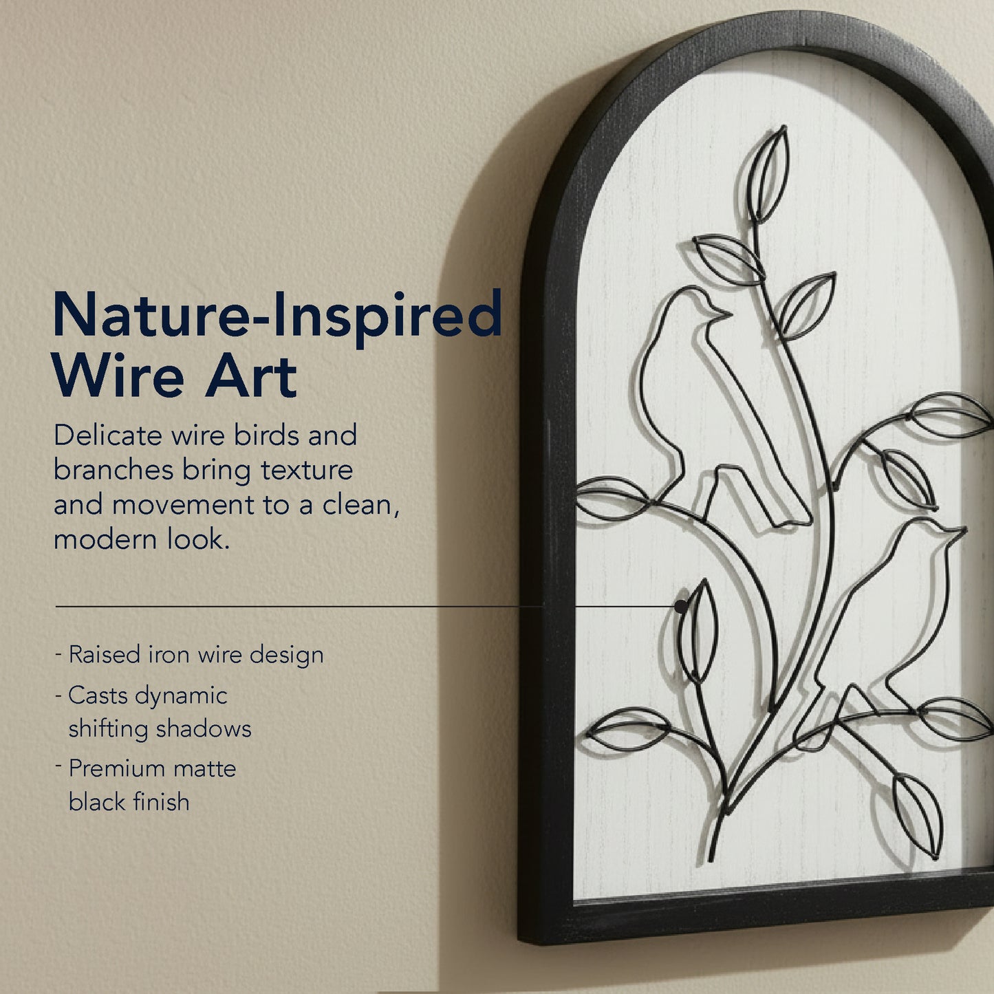 black arched framed metal wire birds and branches wall art set of two with natural wood veneer background, decorative wall sculpture for farmhouse or modern home