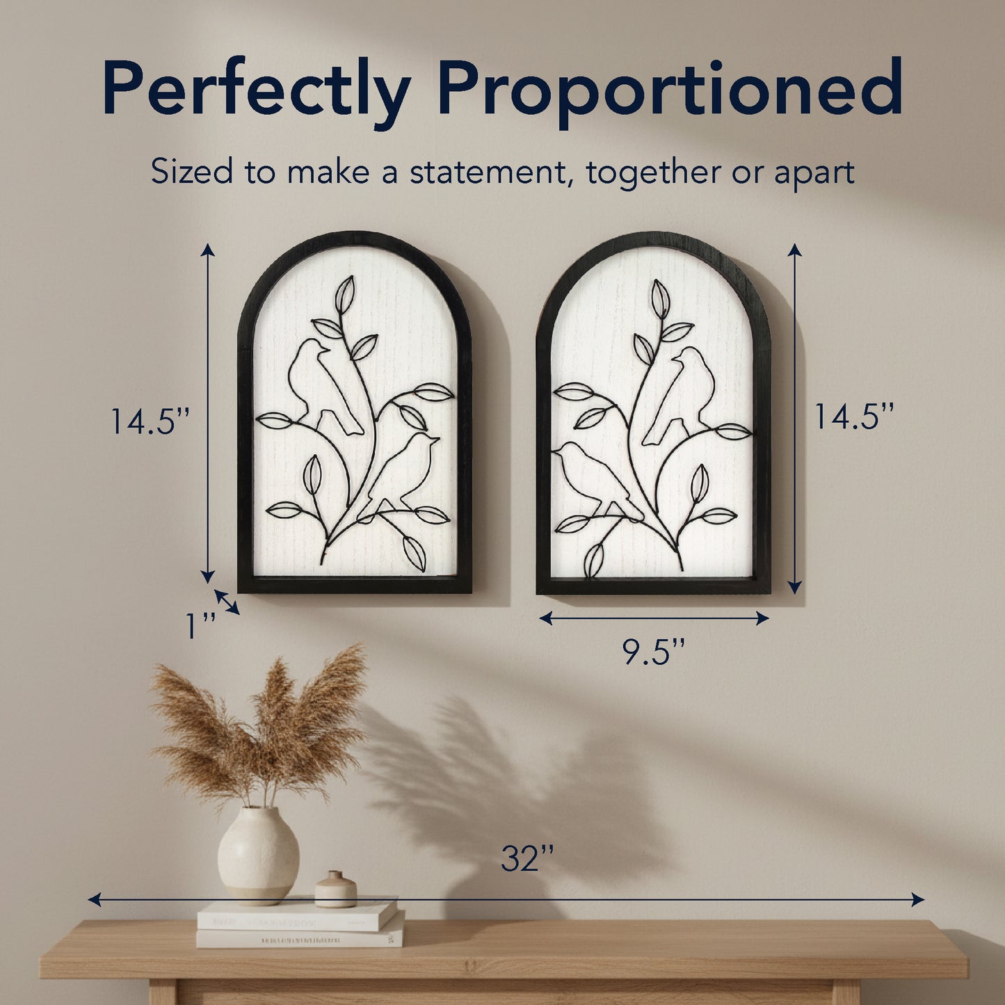 black arched framed metal wire birds and branches wall art set of two with natural wood veneer background, decorative wall sculpture for farmhouse or modern home