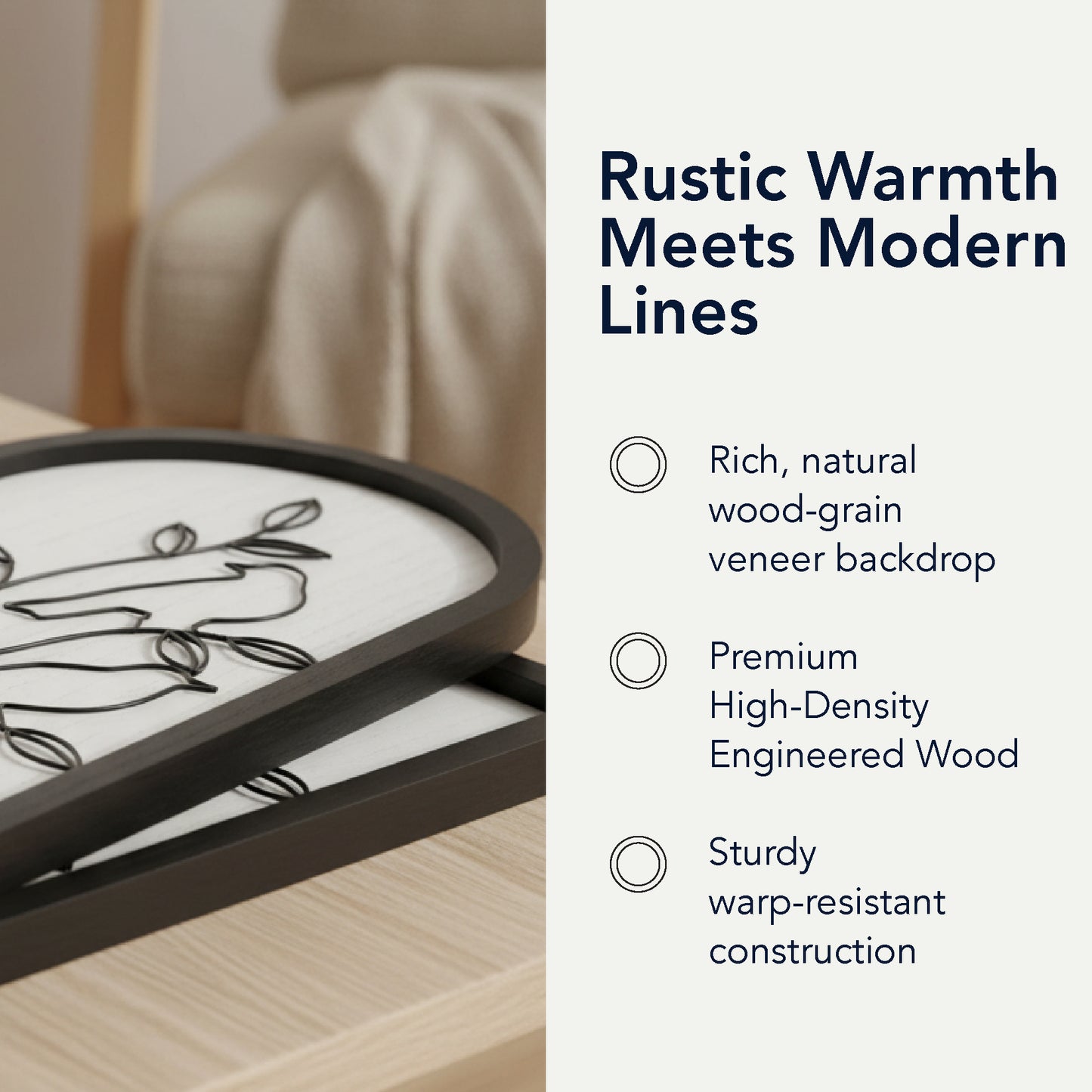 black arched framed metal wire birds and branches wall art set of two with natural wood veneer background, decorative wall sculpture for farmhouse or modern home