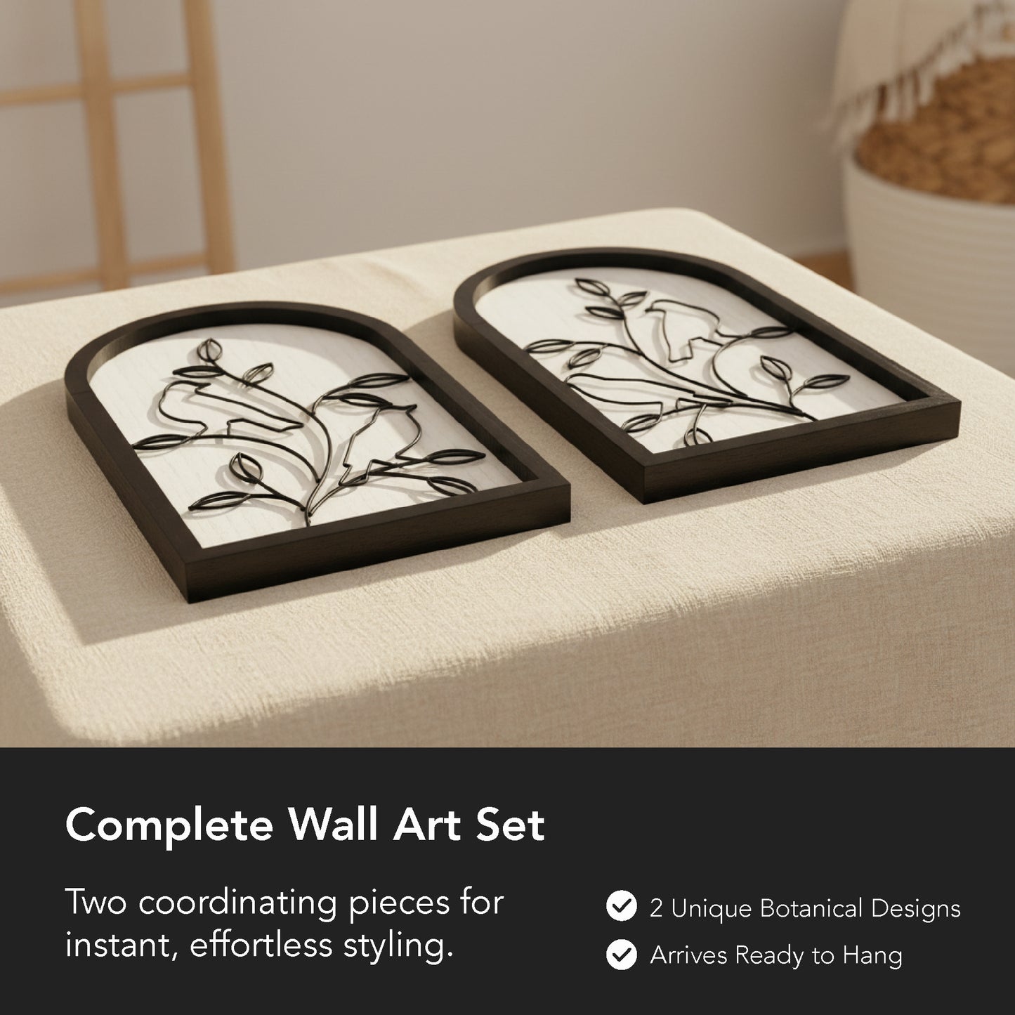 black arched framed metal wire birds and branches wall art set of two with natural wood veneer background, decorative wall sculpture for farmhouse or modern home