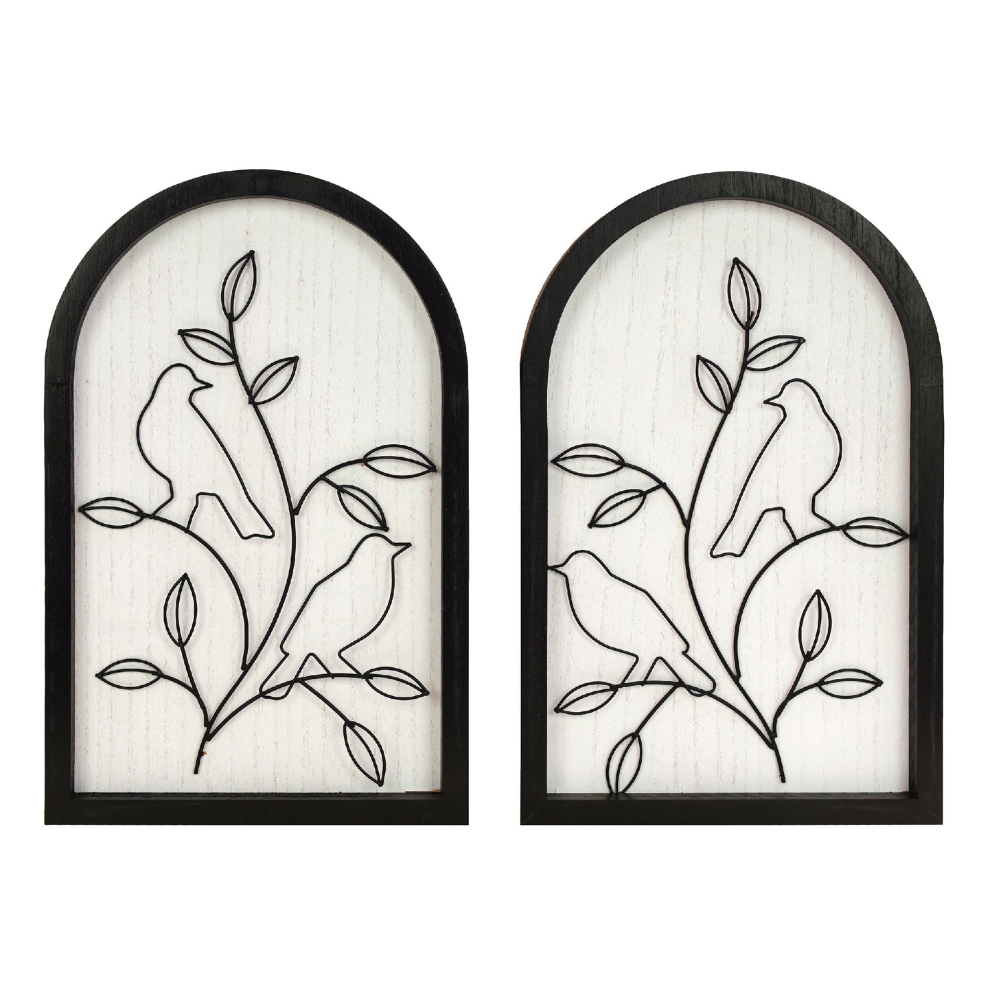 black arched framed metal wire birds and branches wall art set of two with natural wood veneer background, decorative wall sculpture for farmhouse or modern home