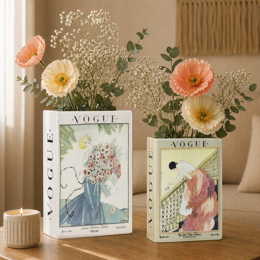 Vintage Vogue Ceramic Book Vase Set - Fashion-Inspired Decor