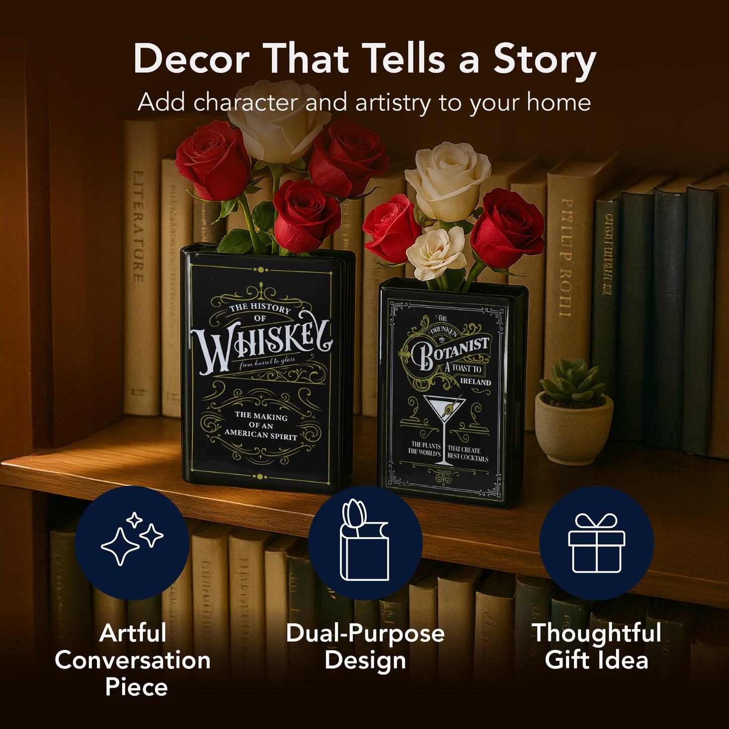Whiskey & Botanist Ceramic Book Vase Set, 2 pc - Bar Decor