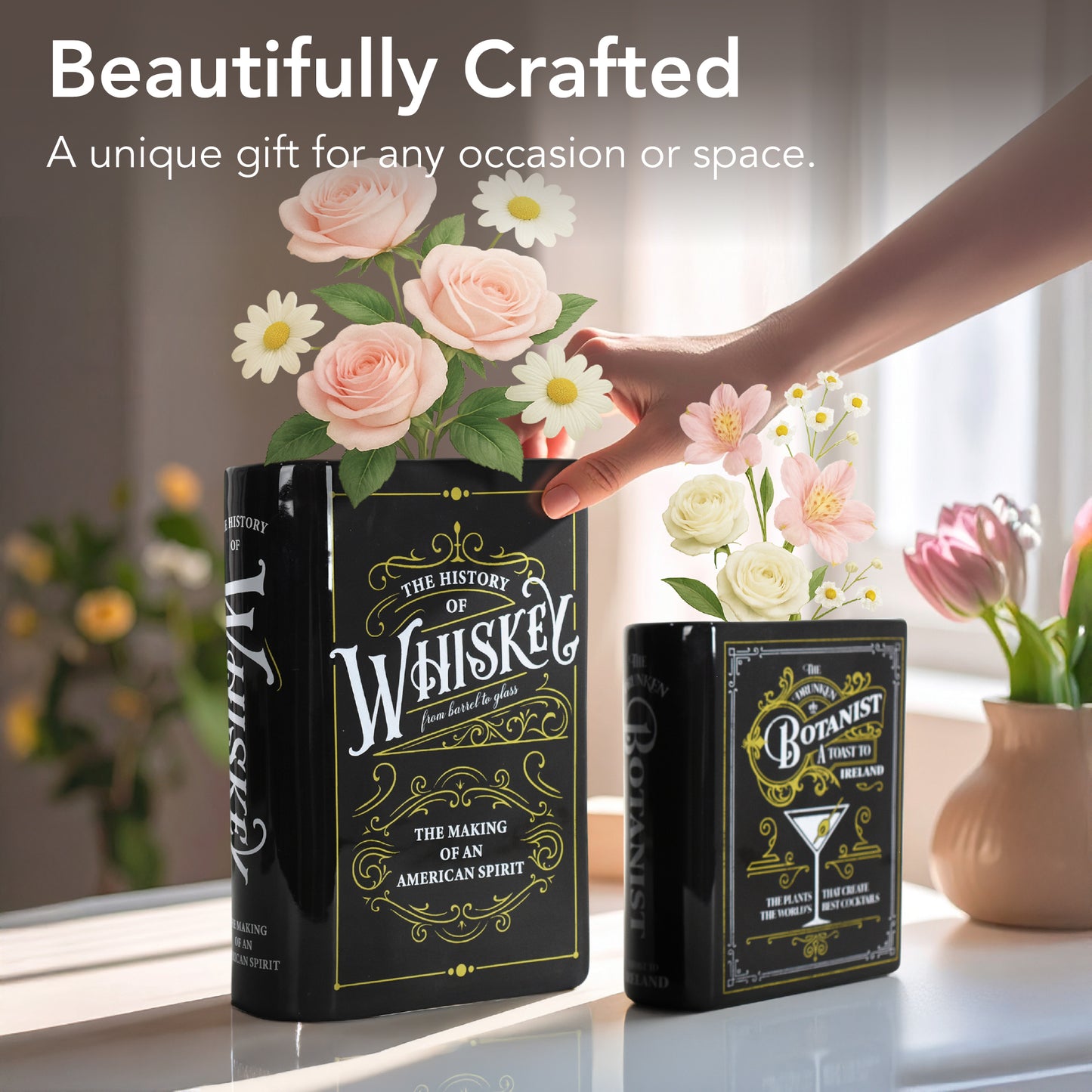 Whiskey & Botanist Ceramic Book Vase Set, 2 pc - Bar Decor