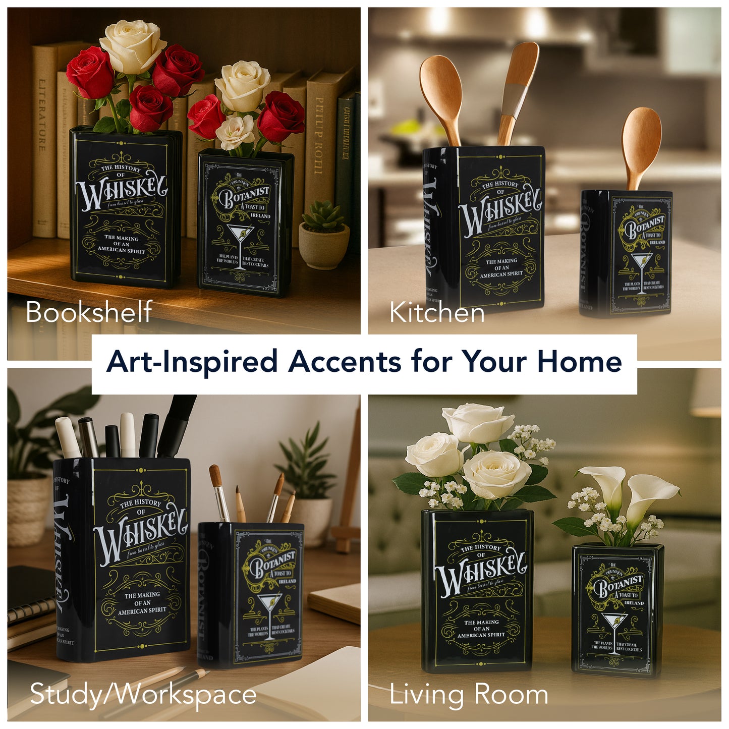 Whiskey & Botanist Ceramic Book Vase Set, 2 pc - Bar Decor