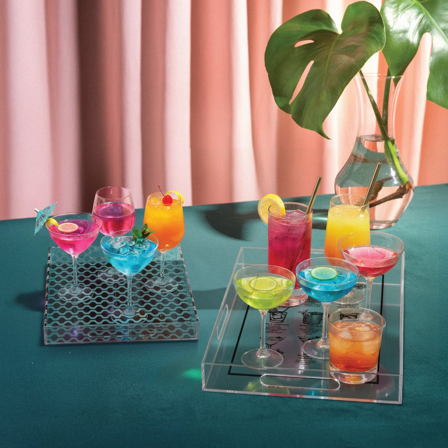 2-pc Acrylic Serving Tray Set with Handles - Cocktail Guide & Retro
