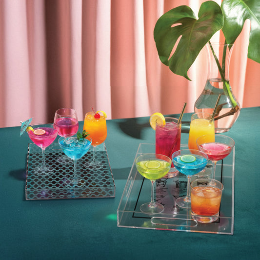 2-pc Acrylic Serving Tray Set with Handles - Cocktail Guide & Retro