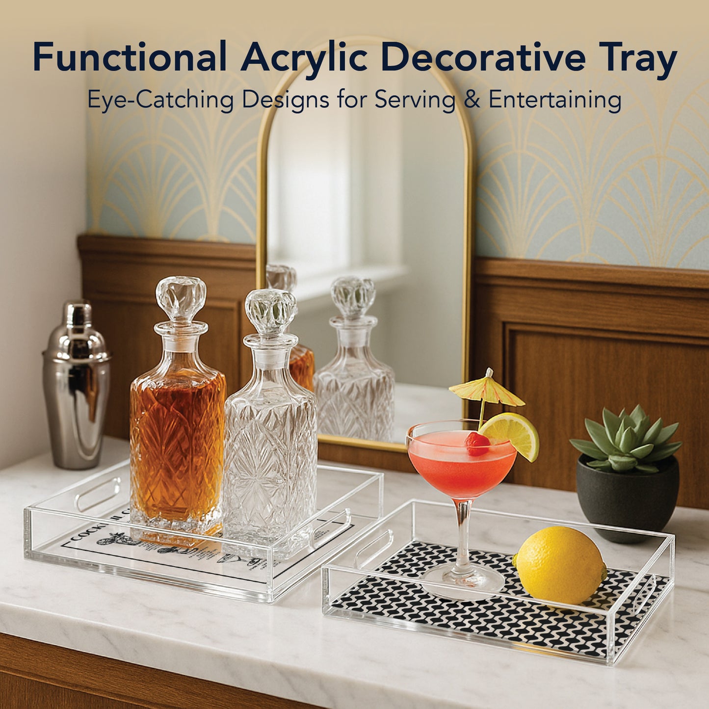 2-pc Acrylic Serving Tray Set with Handles - Cocktail Guide & Retro
