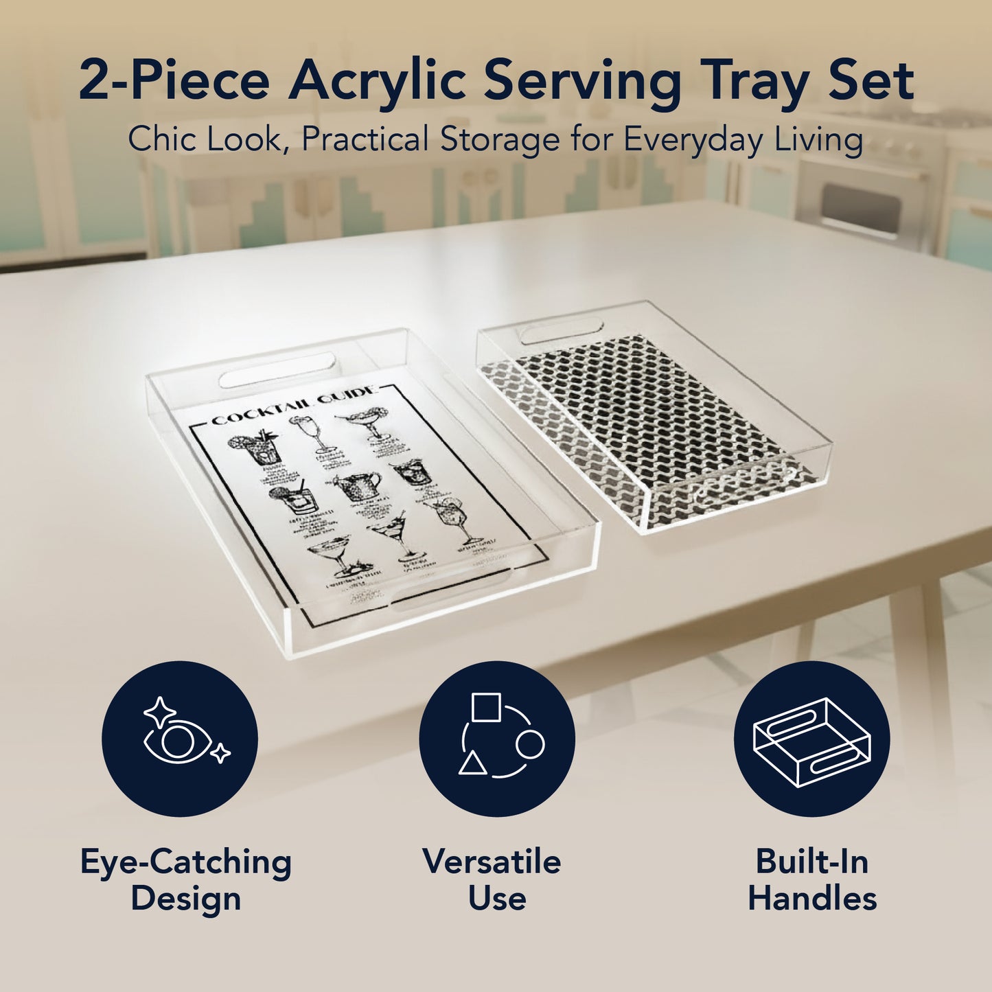 2-pc Acrylic Serving Tray Set with Handles - Cocktail Guide & Retro