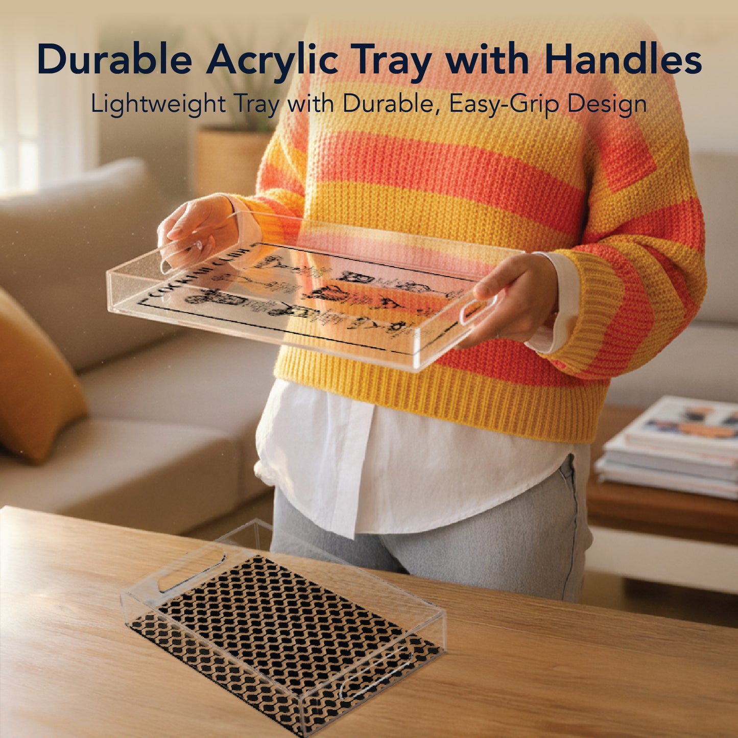 2-pc Acrylic Serving Tray Set with Handles - Cocktail Guide & Retro
